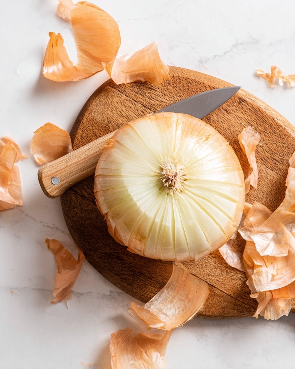 A round onion with its skin partly removed sits on a wooden cutting board on top of a white marbled surface. The onion is cut into evenly spaced vertical layers and the middle is hollowed out, showing a smooth cream and pale yellow texture. A knife with a wooden handle is inserted horizontally through the center of the onion. The onion’s papery light brown skin pieces are scattered around the cutting board, showing various shades of tan and light orange in thin, crinkled layers. photo taken with an iphone --ar 4:5 --v 7