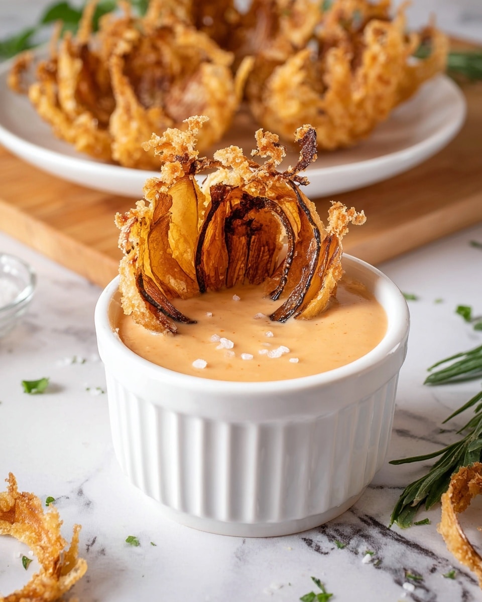 A large fried onion flower with many layers of crispy, golden-brown petals stands open on a white plate. The petals have a rough, crunchy texture with some darker browned edges and small green herb bits sprinkled inside. Behind the onion flower, there is a white small bowl filled with creamy light orange dipping sauce. The plate sits on a wooden board with scattered green herbs around, and the background is a white marbled surface with some green herbs placed near the edge. Photo taken with an iphone --ar 4:5 --v 7