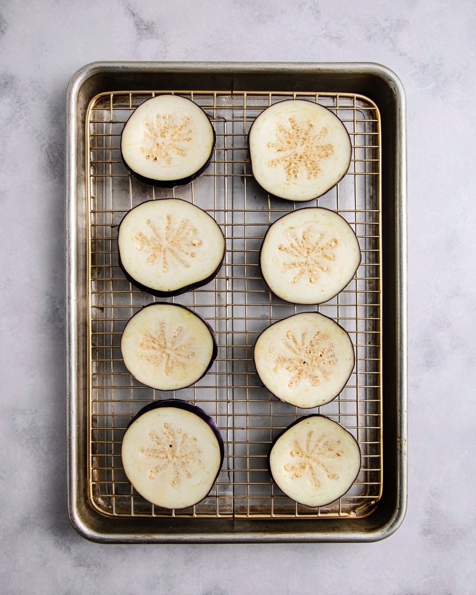 The image shows a metal baking tray with a gold wire rack holding eight round slices of raw eggplant. Each slice is pale cream in the center with light brown seeds and has a thin, dark purple skin around the edges. The eggplant slices are arranged in two neat vertical columns, four slices in each column, evenly spaced. The tray is placed on a white marbled surface. photo taken with an iphone --ar 4:5 --v 7