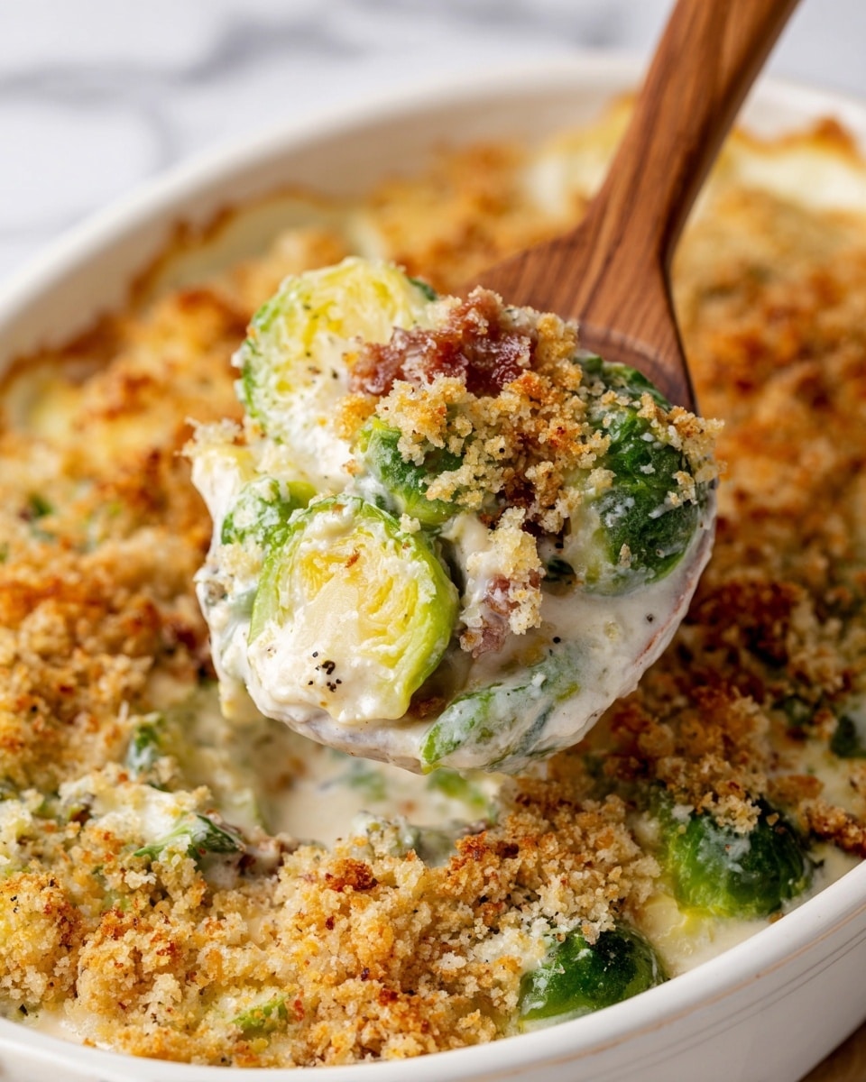 A close-up of a white oval baking dish filled with three layers: the bottom layer of green Brussels sprouts, the middle layer of creamy white sauce with small chunks of soft meat, and the top layer of golden brown crunchy breadcrumbs scattered unevenly with some darker toasted spots. A wooden spoon holds a scoop showing all three layers clearly with the Brussels sprouts peeking from underneath the creamy sauce and crumb topping. The background features a white marbled texture. Photo taken with an iphone --ar 4:5 --v 7