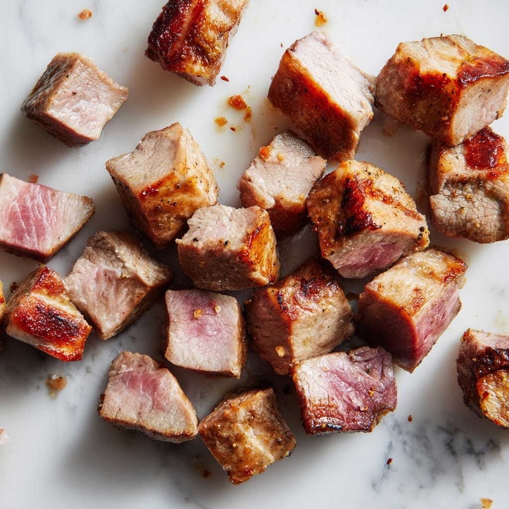 Small pieces of cooked meat are spread out on a white marbled surface. The meat pieces have a light brown cooked outer layer with some darker grilled marks and a pinkish inside, showing they are cooked medium. Each piece is cut into rough cubes with a soft texture visible on the inside. The surface around the meat is clean with a few small crumbs near the pieces. photo taken with an iphone --ar 4:5 --v 7