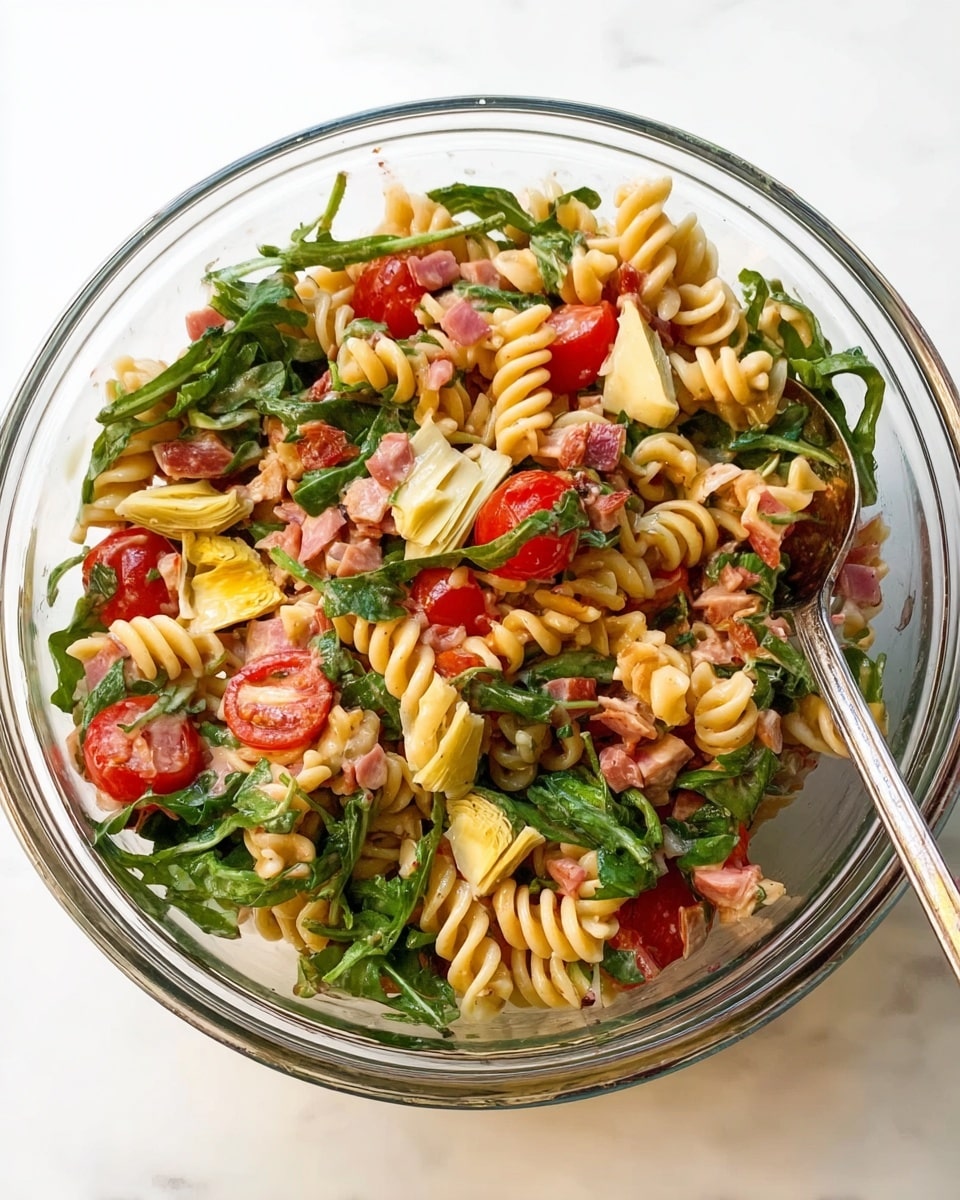 A close-up view of a pasta salad in a clear bowl showing three main layers: at the base, short spiral-shaped pasta in a light yellow color; the middle layer has green leafy arugula with its thin stems and darker green leaves scattered evenly; on top, bright red tomato wedges and chunks of light brown cooked meat mixed throughout. The pasta and greens appear coated in a light, creamy dressing adding a slight glossy texture. The bowl sits on a white marbled surface, and there is a fork partially visible on the right side. photo taken with an iphone --ar 4:5 --v 7