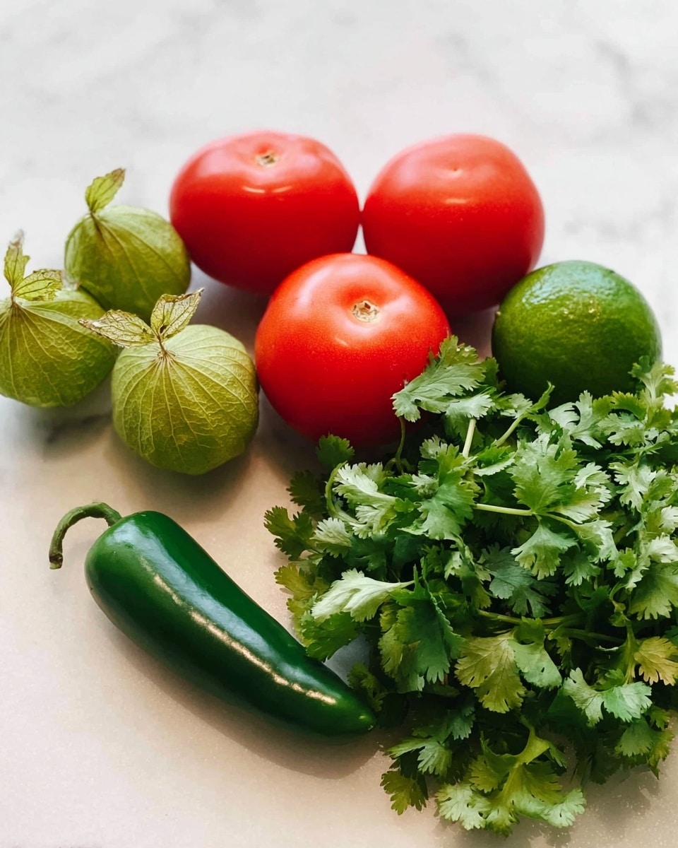 A group of fresh vegetables and herbs are placed on a white marbled surface. There are four bright red tomatoes with smooth skin in the center, two green tomatillos with light green husks to the left, a fresh green chili pepper laid horizontally in front, a bunch of green cilantro with leafy texture to the right, and a whole green lime beside the cilantro. The colors are vibrant and the textures are fresh and natural, showing a simple arrangement of raw ingredients. photo taken with an iphone --ar 4:5 --v 7