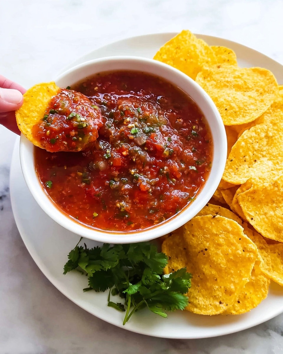 A white bowl filled with chunky red salsa, showing bits of tomatoes, green herbs, and seeds, with a small bunch of fresh green cilantro on top near the edge of the bowl; the bowl sits on a white plate surrounded by a neat layer of round yellow corn chips with black specks; the background is a white marbled surface. Photo taken with an iphone --ar 4:5 --v 7