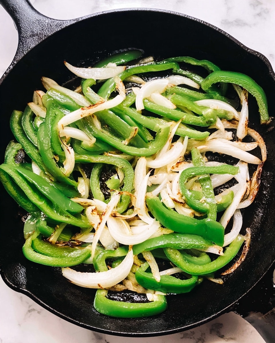 The image shows a black cast iron pan with a creamy, melted cheese layer spread evenly across the bottom, bubbling lightly around the edges. On top of the cheese, there are long green pepper strips and small red tomato slices scattered, adding color and texture. Some cooked onions are visible mixed in with the cheese and vegetables, soft and translucent. There is a silver fork resting in the pan, partly lifted, with tines touching the cheese and peppers. The pan is on a white marbled surface, and a pale pink cloth is blurred in the background. photo taken with an iphone --ar 4:5 --v 7