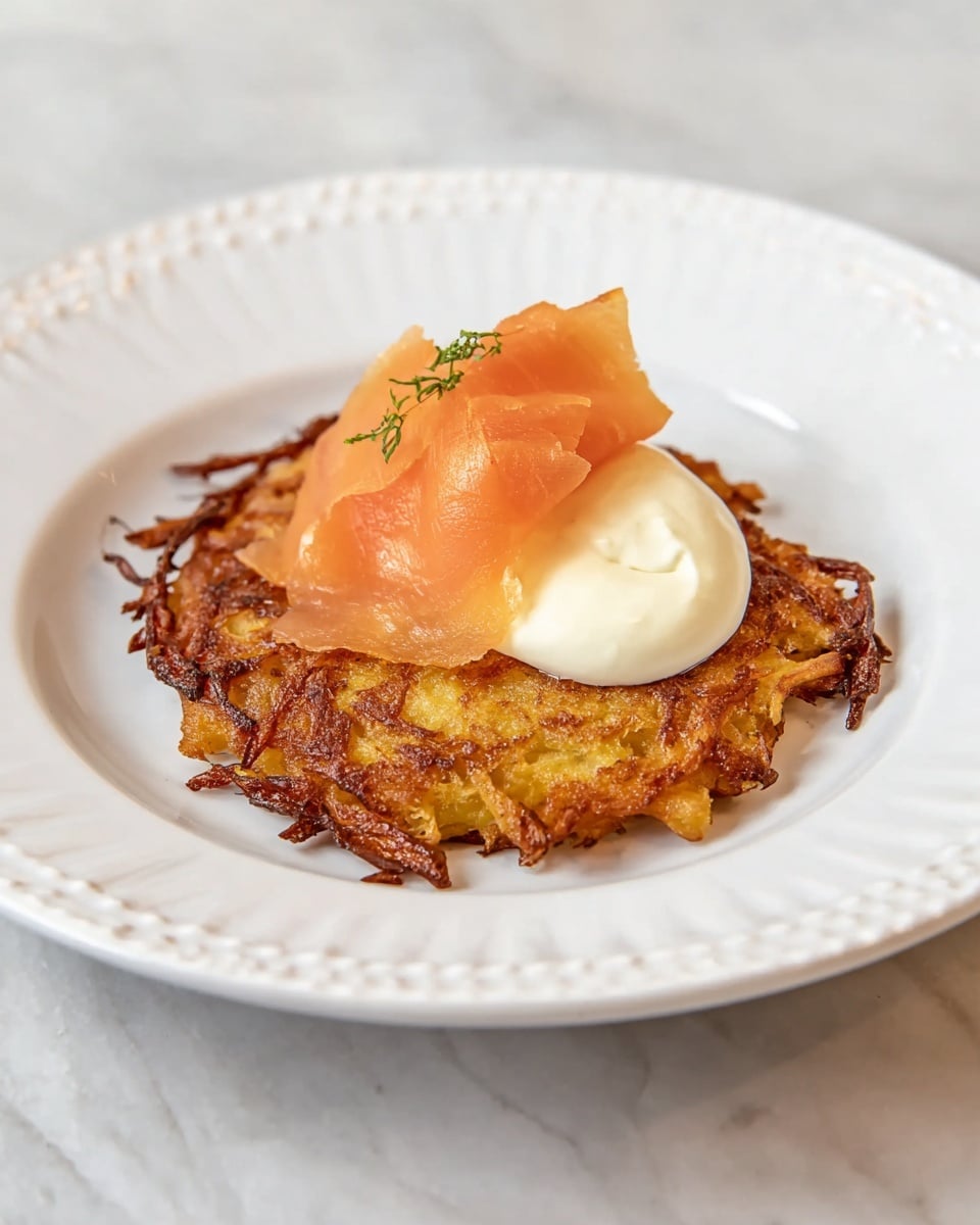 The dish shows one crispy, golden-brown potato pancake with rough, uneven edges in the center of a white plate. On top of the pancake sits a dollop of smooth, creamy white sauce, and over that is a thin, softly folded slice of pale orange smoked cheese with a slightly shiny texture. The plate rests on a white marbled surface. photo taken with an iphone --ar 4:5 --v 7