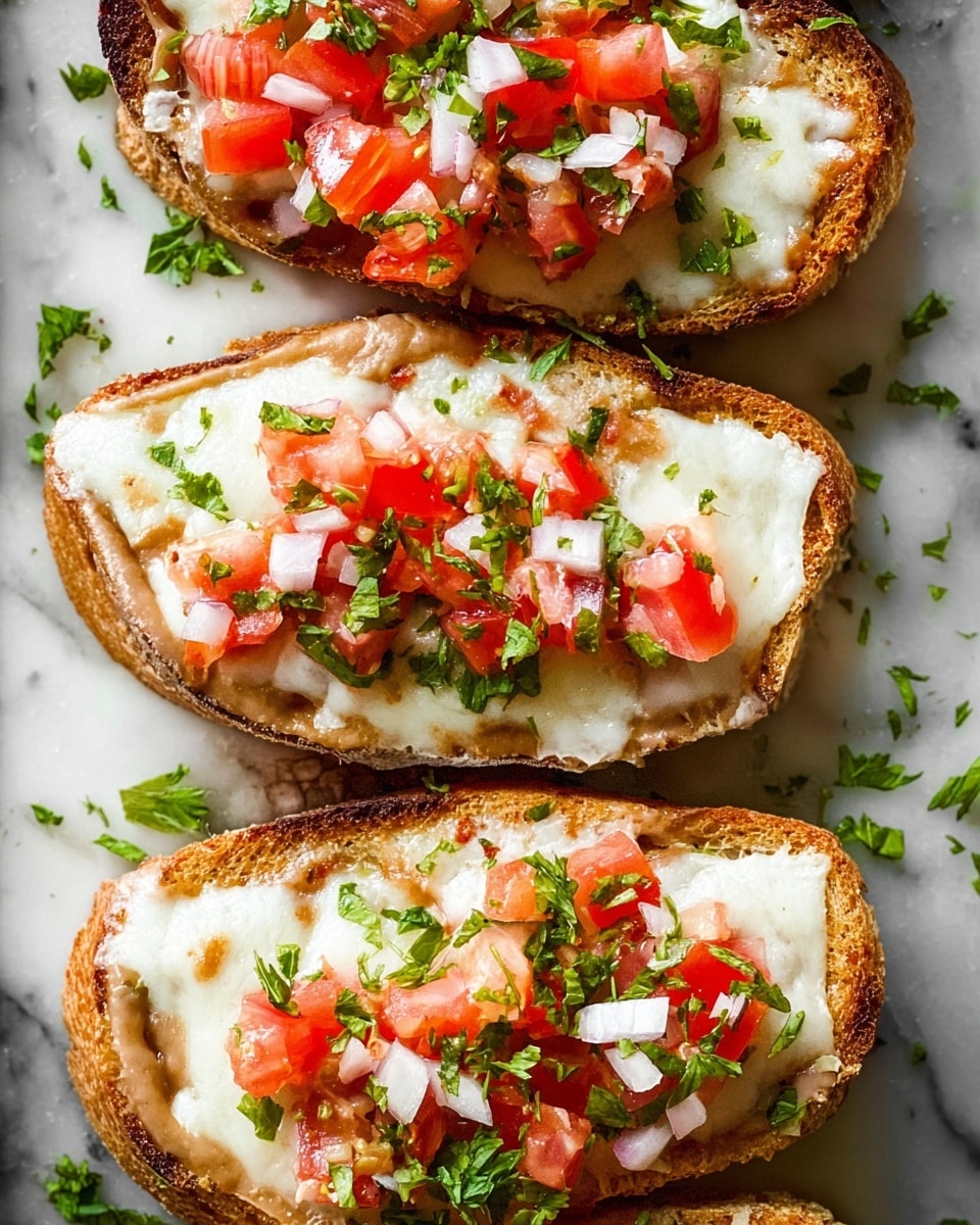 The image shows four toasted slices of bread, each topped with three layers: a spread layer of light brown sauce, a thick layer of melted white cheese, and a fresh mix of chopped red tomatoes, white onions, and green herbs scattered on top. The bread edges are golden brown and slightly crispy. The slices are placed closely together on a white marbled surface, with small pieces of chopped herbs scattered around. The texture of the bread is soft inside with a crunchy crust, and the colorful toppings contrast against the melted white cheese. Photo taken with an iphone --ar 4:5 --v 7