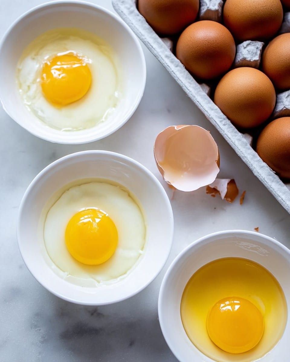 Three white bowls are shown on a white marbled surface. Each bowl holds a raw egg cracked open, showing the yellow yolk resting in the middle with clear white around it. One bowl shows the yolk fully intact, another bowl's yolk is slightly broken. At the top right corner, part of a tray of brown eggs is visible, including one cracked eggshell leaning on the tray. The overall scene is bright and clean. Photo taken with an iphone --ar 4:5 --v 7