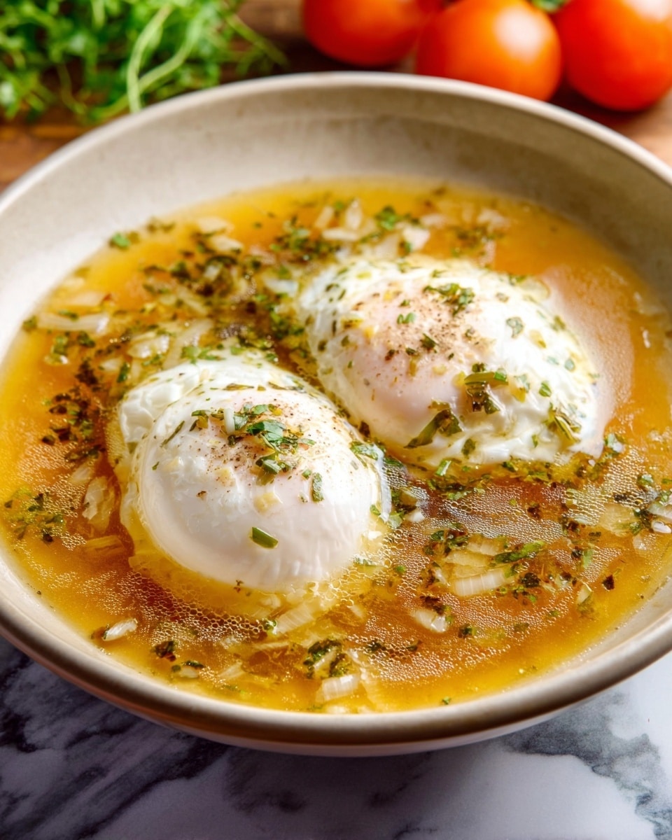 The image shows a deep white bowl filled with a clear golden broth with small pieces of onion and herbs floating in it. Inside the broth, there are two soft poached eggs with white, smooth, and slightly runny surfaces. The eggs are topped with chopped green herbs, adding a fresh green color to the dish. The bowl rests on a white marbled surface, and the overall look is warm and inviting. photo taken with an iphone --ar 4:5 --v 7