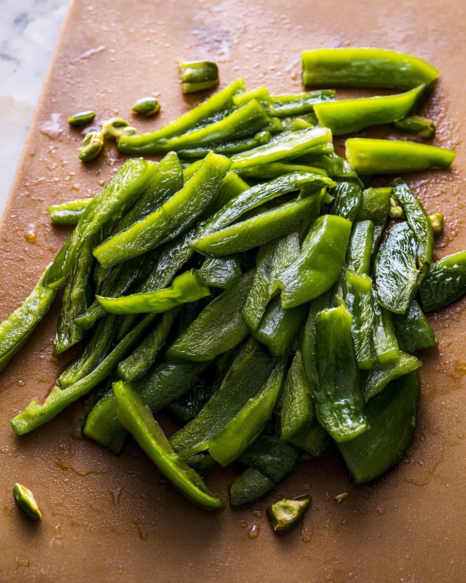 The image shows a pile of cooked green peppers that have been sliced into long, uneven strips. The peppers have a shiny, slightly wrinkled texture with some visible seeds scattered around them. They are placed directly on a brown cutting board with a few drops of moisture visible on the surface. The background is a white marbled texture, creating a clean and simple setting. Photo taken with an iphone --ar 4:5 --v 7