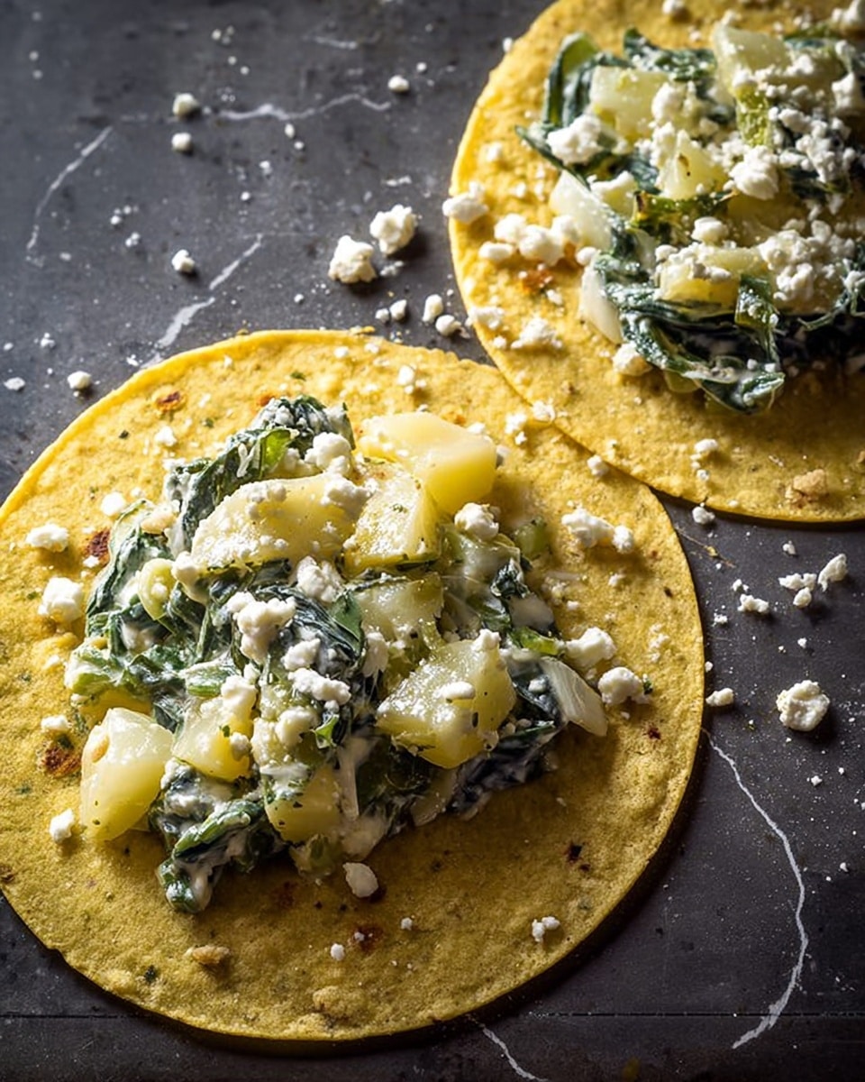 A close-up view of a dish in a black cast iron skillet filled with a creamy mixture. The dish has three main layers: the bottom layer is creamy white sauce, mixed with small chunks of yellow potato. Above that are large green strips of nopales cactus paddles with rough texture. Thin white slices of onions are scattered throughout, adding lightness and texture. The ingredients look soft and cooked, sprinkled lightly with black pepper. The skillet rests on a white marbled surface. photo taken with an iphone --ar 4:5 --v 7