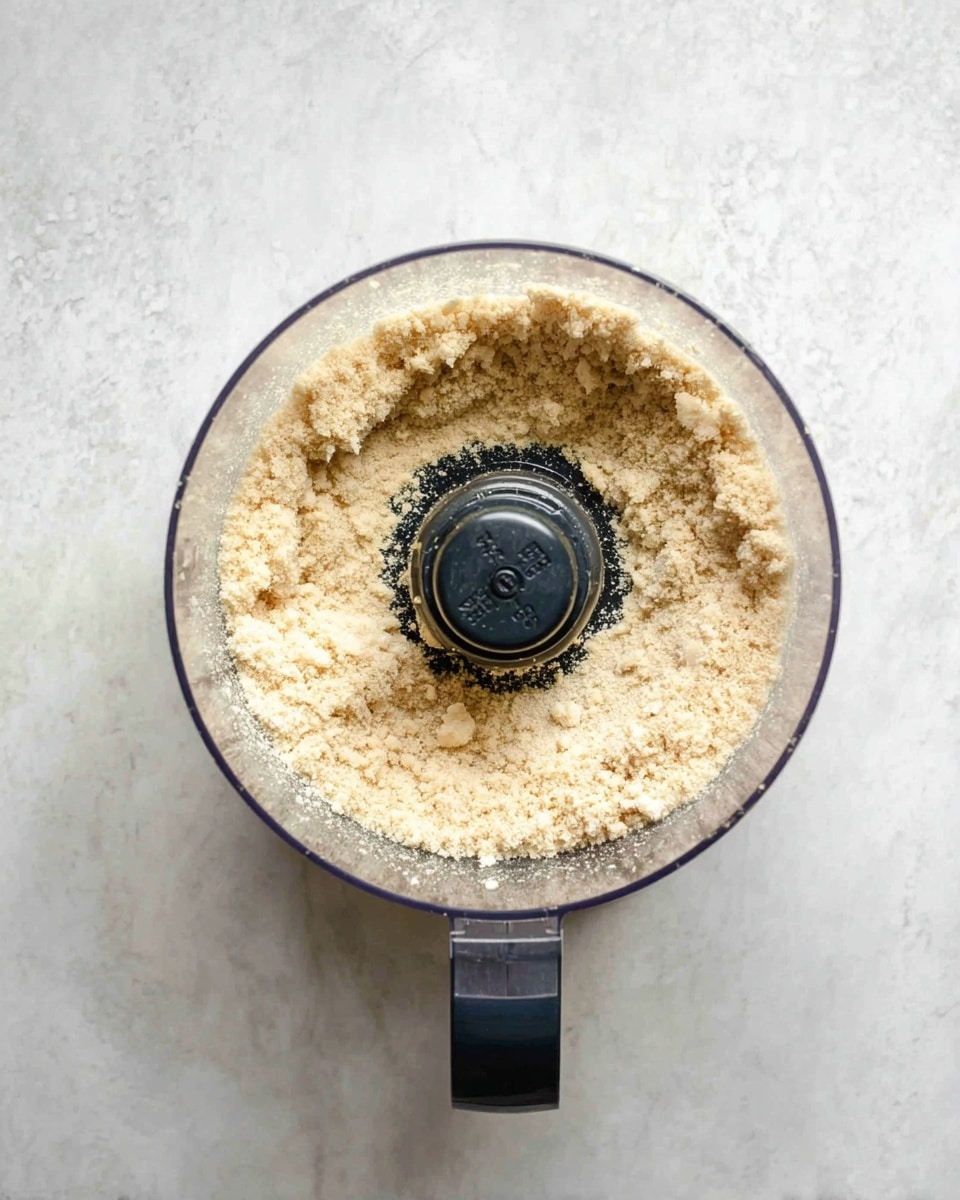The image shows a top view of a food processor bowl filled with a single layer of light beige crumbly mixture with uneven small clumps and powdery texture. The transparent bowl has a black center blade and a black handle extending outward at the bottom. The food processor is placed on a white marbled textured surface. photo taken with an iphone --ar 4:5 --v 7