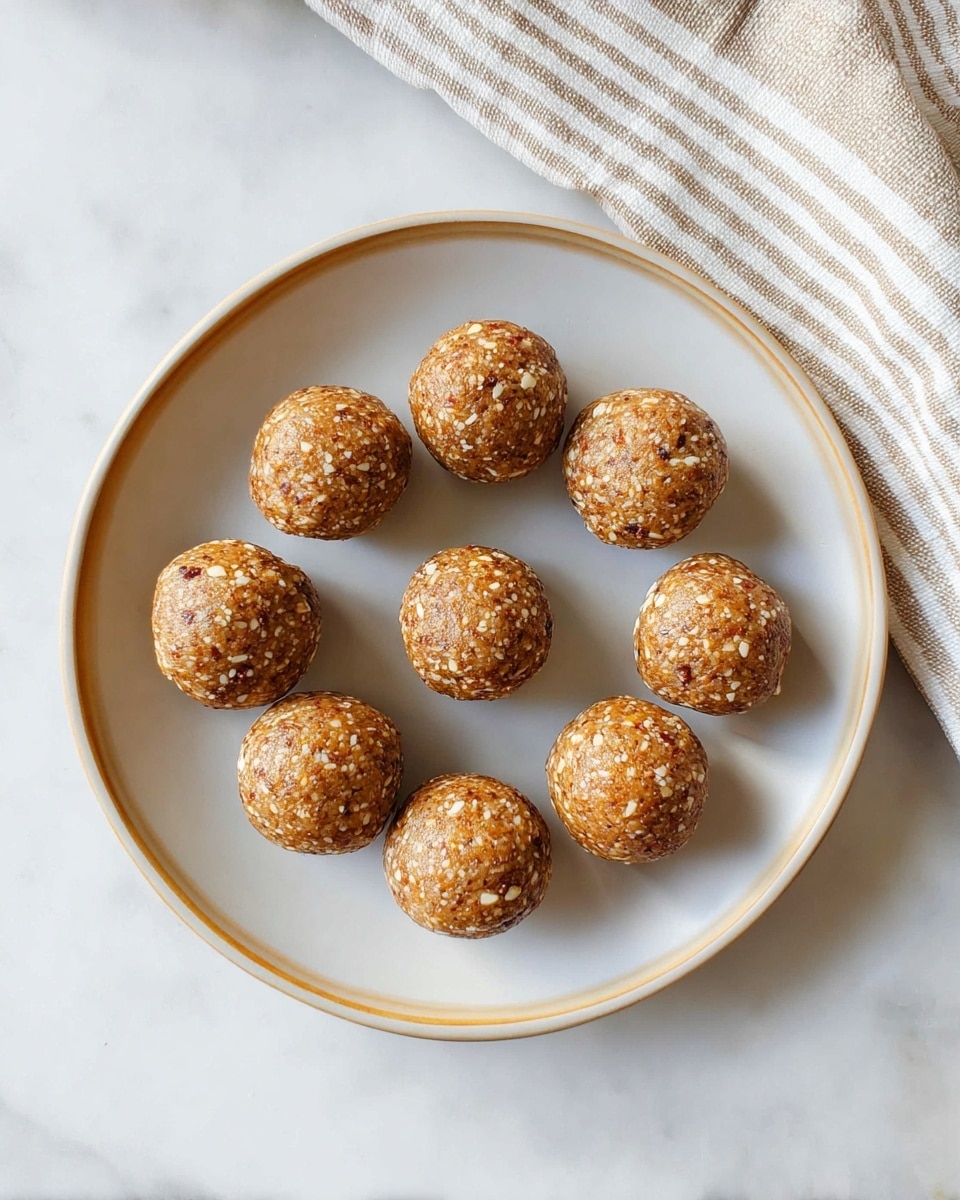 The image shows nine round energy balls arranged closely in a circular pattern on a white plate with a thin gold rim. Each ball has a rough texture with visible bits of nuts and seeds, giving them a mix of light tan, brown, and beige colors. The balls look dense and uniform in size, with a slightly shiny surface. The plate sits on a white marbled texture background. photo taken with an iphone --ar 4:5 --v 7