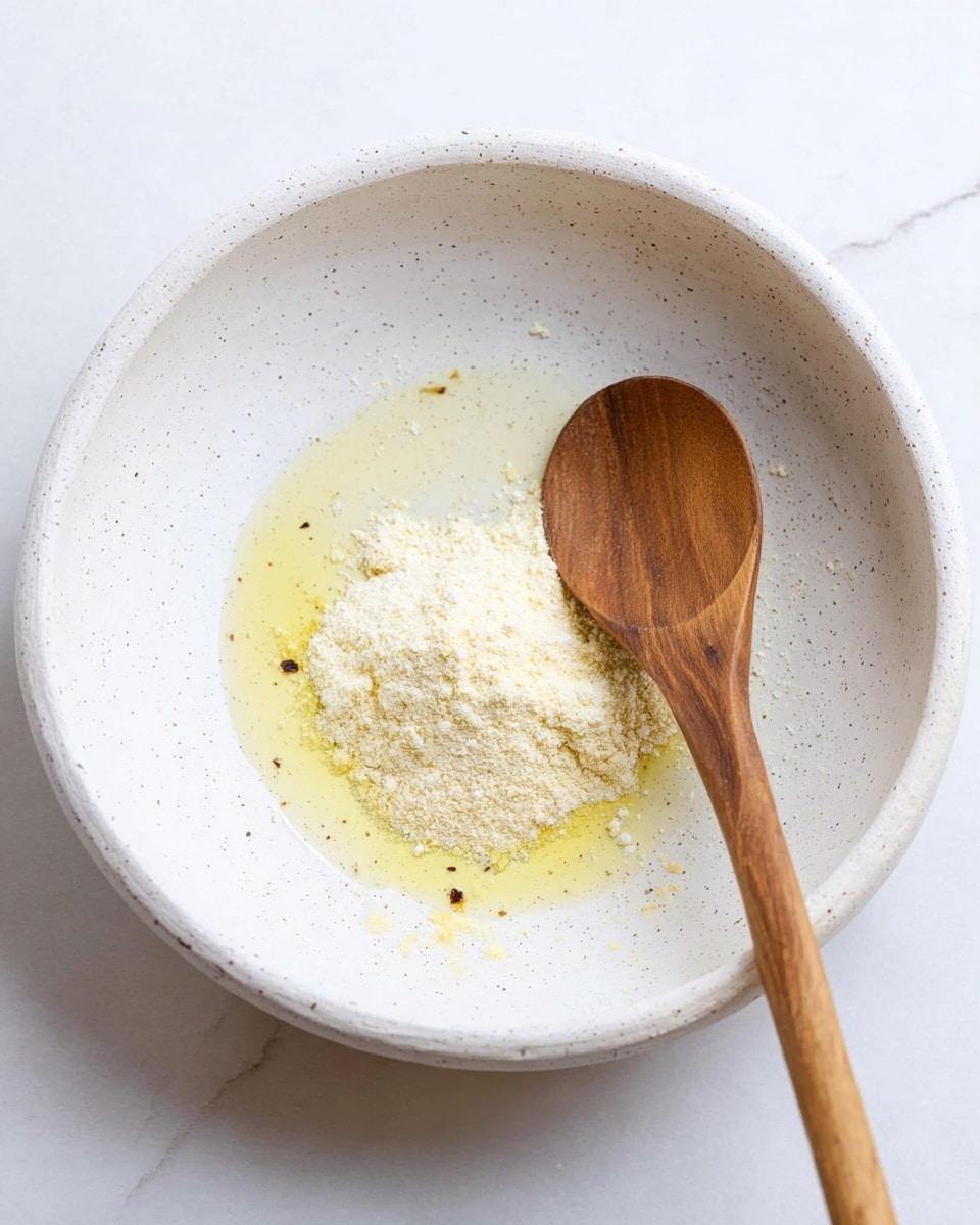 A white speckled bowl holds a small pile of pale yellow fine powder sitting on a light yellow oily liquid with some dark specks mixed in. Resting on the right edge of the bowl is a long wooden spoon with a round shallow head, touching the powder. The background is a white marbled surface. Photo taken with an iphone --ar 4:5 --v 7