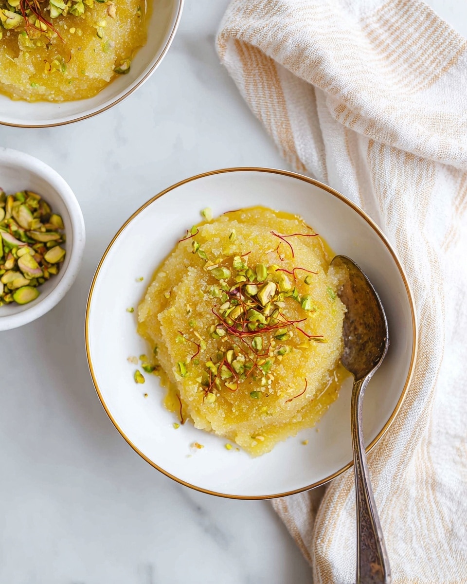 A white bowl with a thin gold rim holds a single round serving of a yellow, grainy dessert topped with small chopped green pistachio pieces and thin red saffron strands scattered across the top; a tarnished silver spoon rests on the right edge of the bowl, partially dipped in the dessert. The bowl is placed on a white marbled surface with a beige and white striped cloth napkin folded loosely nearby. In the background, two smaller white bowls hold more of the yellow dessert and chopped pistachios. photo taken with an iphone --ar 4:5 --v 7