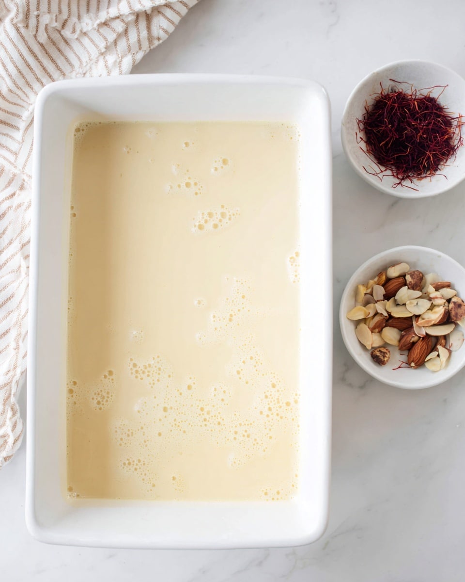 A close-up view of a white rectangular dish filled with a smooth, creamy beige liquid that has a few small bubbles and swirling patterns on the surface. To the right of the dish, there are two small white bowls: one contains thin, dark red saffron strands, and the other has a mix of sliced almonds and darker brown nuts. In the top left corner, a beige and white striped cloth lies partly visible on a white marbled surface. photo taken with an iphone --ar 4:5 --v 7