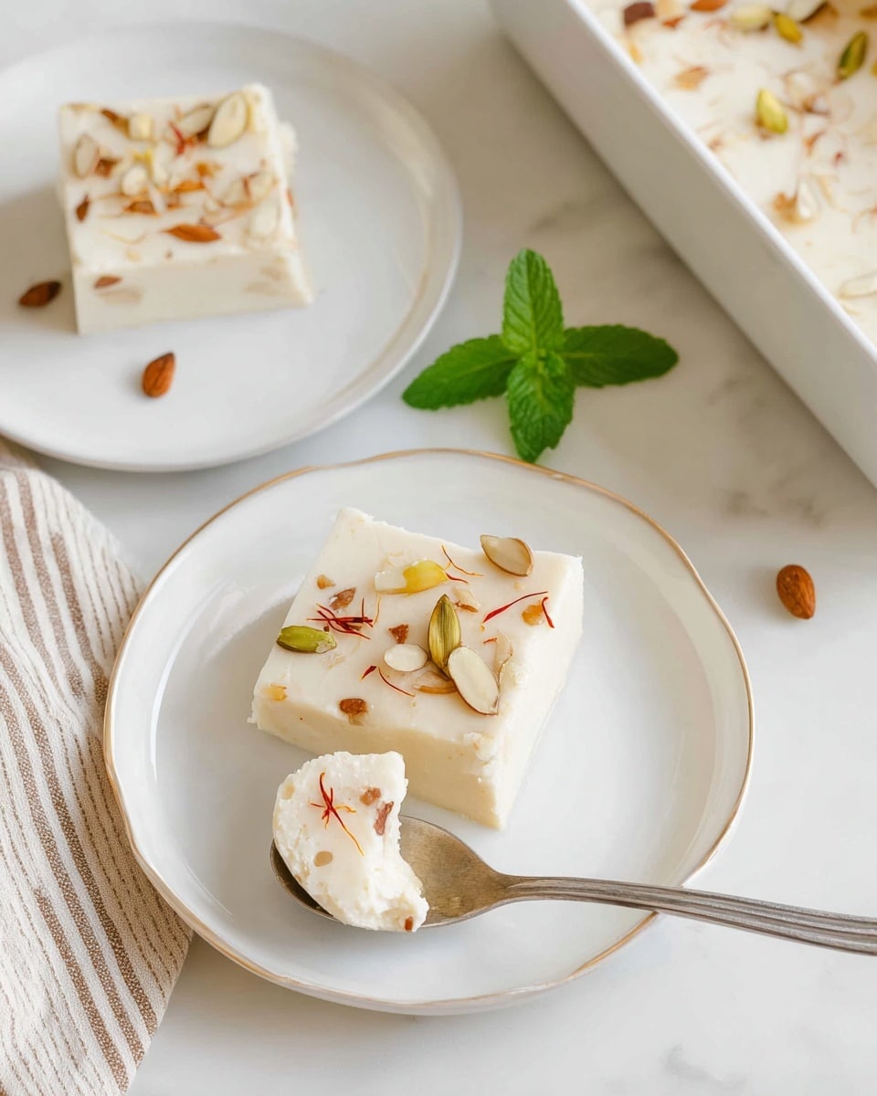 A close-up view of a square piece of creamy white dessert with visible almond flakes and light orange saffron strands embedded on its surface, placed on a white plate with a thin gold rim; next to the dessert piece, a silver spoon holds a small bite of the same dessert, showing a smooth, slightly soft texture with almond flakes, garnished with a small fresh green mint sprig beside it. In the background, a larger white rectangular dish holds more of the same dessert with similar almond and saffron details, all set on a white marbled surface. photo taken with an iphone --ar 4:5 --v 7