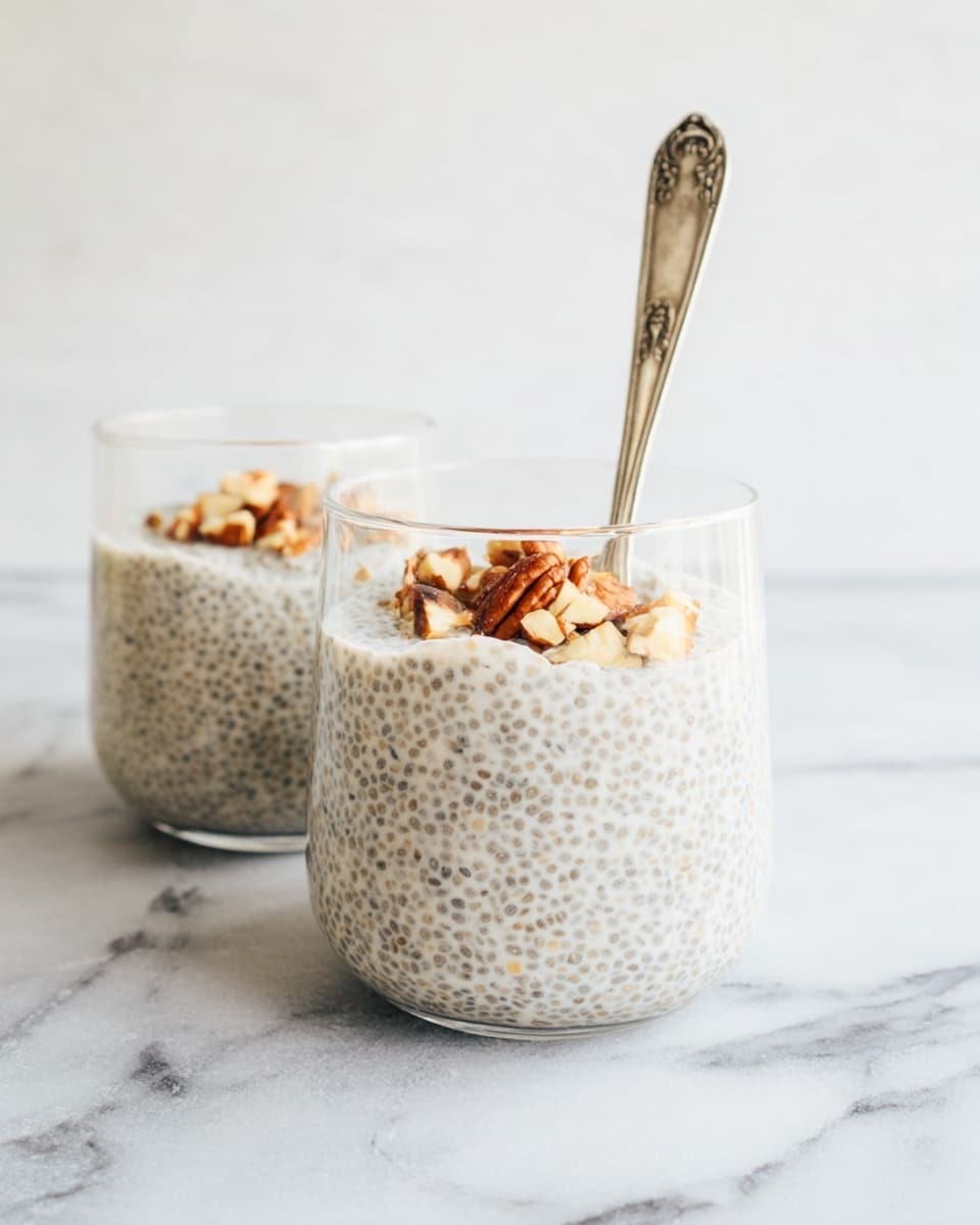 Two clear glass cups filled with a creamy white chia pudding with tiny dark chia seeds spread evenly throughout. Each cup is topped with a few small pieces of mixed nuts, adding a touch of light brown and cream color on top. One cup, slightly in front, has a vintage-style silver spoon standing inside it. The scene is set on a white marbled surface with a white marbled background, giving a clean and soft look. photo taken with an iphone --ar 4:5 --v 7