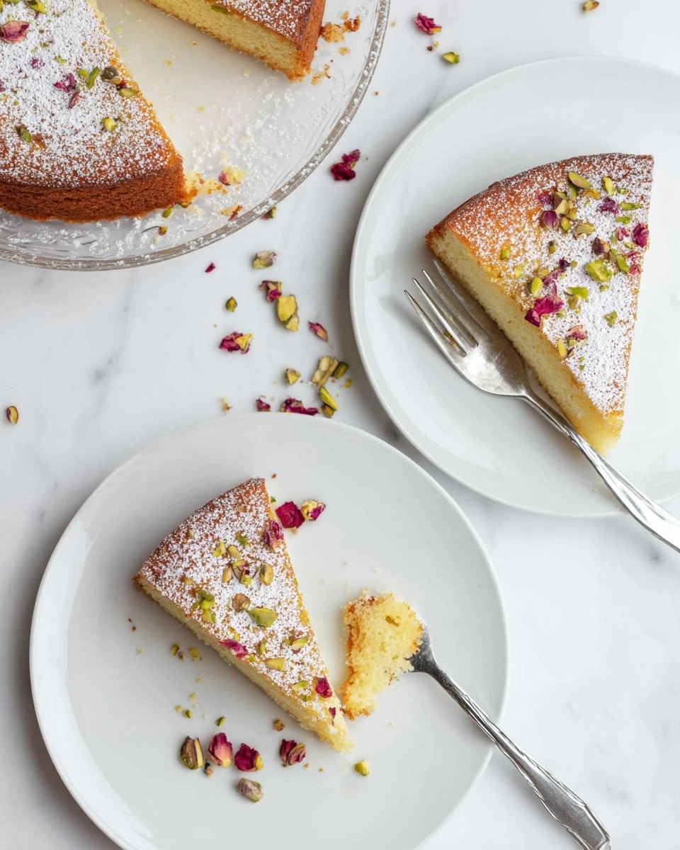 The image shows two white plates with slices of cake on a white marbled surface. The cake slices have two layers: a golden brown top layer lightly dusted with powdered sugar and sprinkled with small pieces of green pistachio and red rose petals, and a lighter yellow bottom layer that looks soft and moist. One plate has a triangular slice of cake with a silver fork beside it, while the other plate has a partially eaten square slice with some crumbs and a fork with a small piece of cake on the tines. Part of the remaining whole cake in a glass dish is visible in the top left corner. photo taken with an iphone --ar 4:5 --v 7