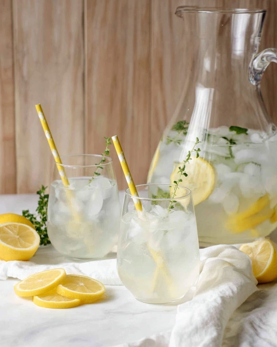 A clear glass is filled with ice cubes and a light yellow lemonade with lemon slices inside. There are some green thyme sprigs standing upright in the glass. A yellow and white zigzag patterned straw is tilted inside the drink. The glass sits on a white marbled surface with a soft white cloth around it. The background is soft and blurred, showing warm brown tones. photo taken with an iphone --ar 4:5 --v 7