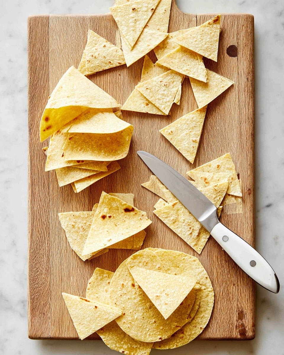A wooden cutting board is placed on a white marbled surface, with several folded yellow corn tortillas arranged in small stacks of two or three pieces. Many of the tortillas are cut into triangular shapes, scattered in small groups across the cutting board. A large knife with a white handle rests diagonally on the board, with some tortilla triangles placed on top of its blade. The tortillas have a soft texture with small brown spots showing light toasting. Photo taken with an iphone --ar 4:5 --v 7