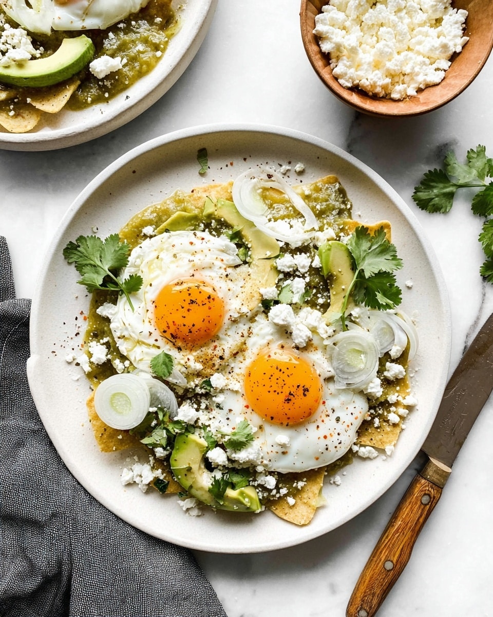 A white plate on a white marbled texture holds a dish with three main layers. The bottom layer has greenish tortilla chips covered in green salsa, giving a slightly chunky texture. On top of this is a layer of scattered white crumbled cheese along with fresh chopped cilantro leaves. Near one side, there are two sunny side up eggs with bright orange, runny yolks and white cooked edges, sprinkled lightly with black pepper. Thin slices of white onion are spread across the dish. Near the top center are a few slices of light green avocado, adding smooth texture and color contrast. Photo taken with an iphone --ar 4:5 --v 7