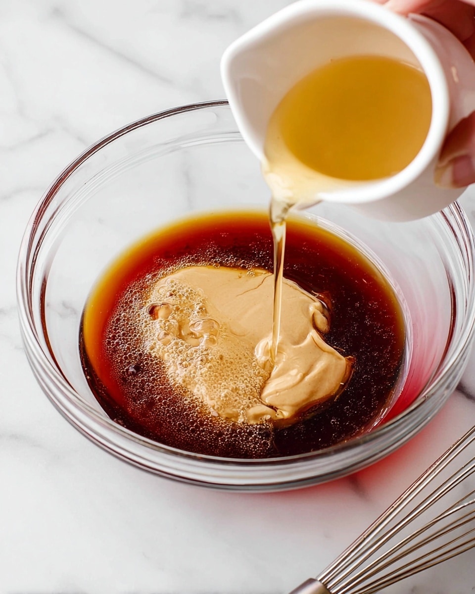 A clear glass bowl sits on a white marbled surface, holding three layers: a thick dark amber liquid at the bottom, a light beige creamy layer in the center, and another layer of golden liquid being poured from a small white cup by a woman's hand on the right side. The dark liquid has bubbles on its surface, while the creamy beige layer looks smooth but dense. A metal whisk lies on the surface near the bottom right corner of the bowl. photo taken with an iphone --ar 4:5 --v 7