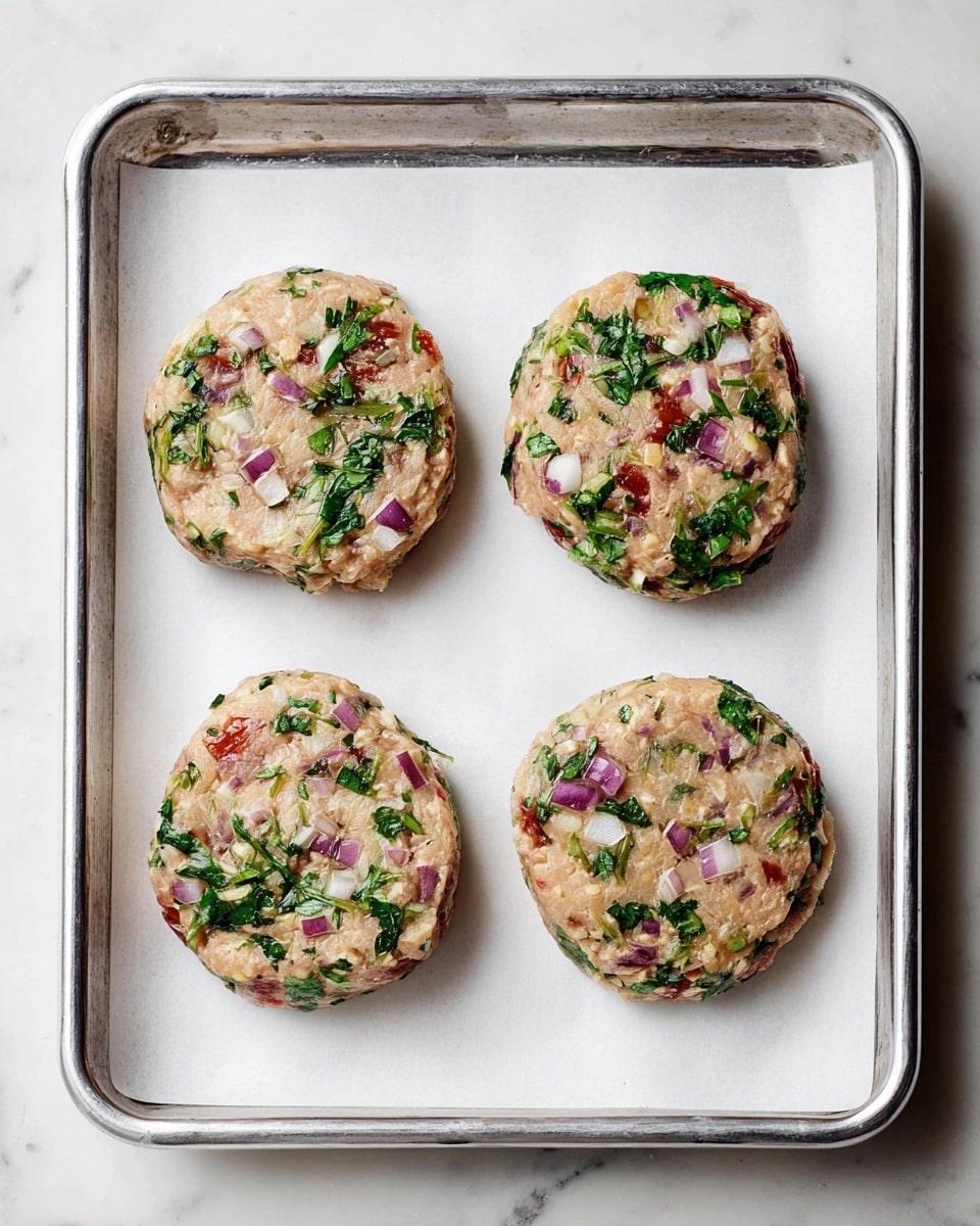 Four raw patties are placed in two rows on white parchment paper, which is on a metal tray. Each patty is thick and round with a mix of colors and textures visible within: pale beige meats mixed with bright green leafy herbs, small purple cubes of onion, and pieces of deep red tomato scattered evenly throughout. The tray rests on a white marbled surface. photo taken with an iphone --ar 4:5 --v 7