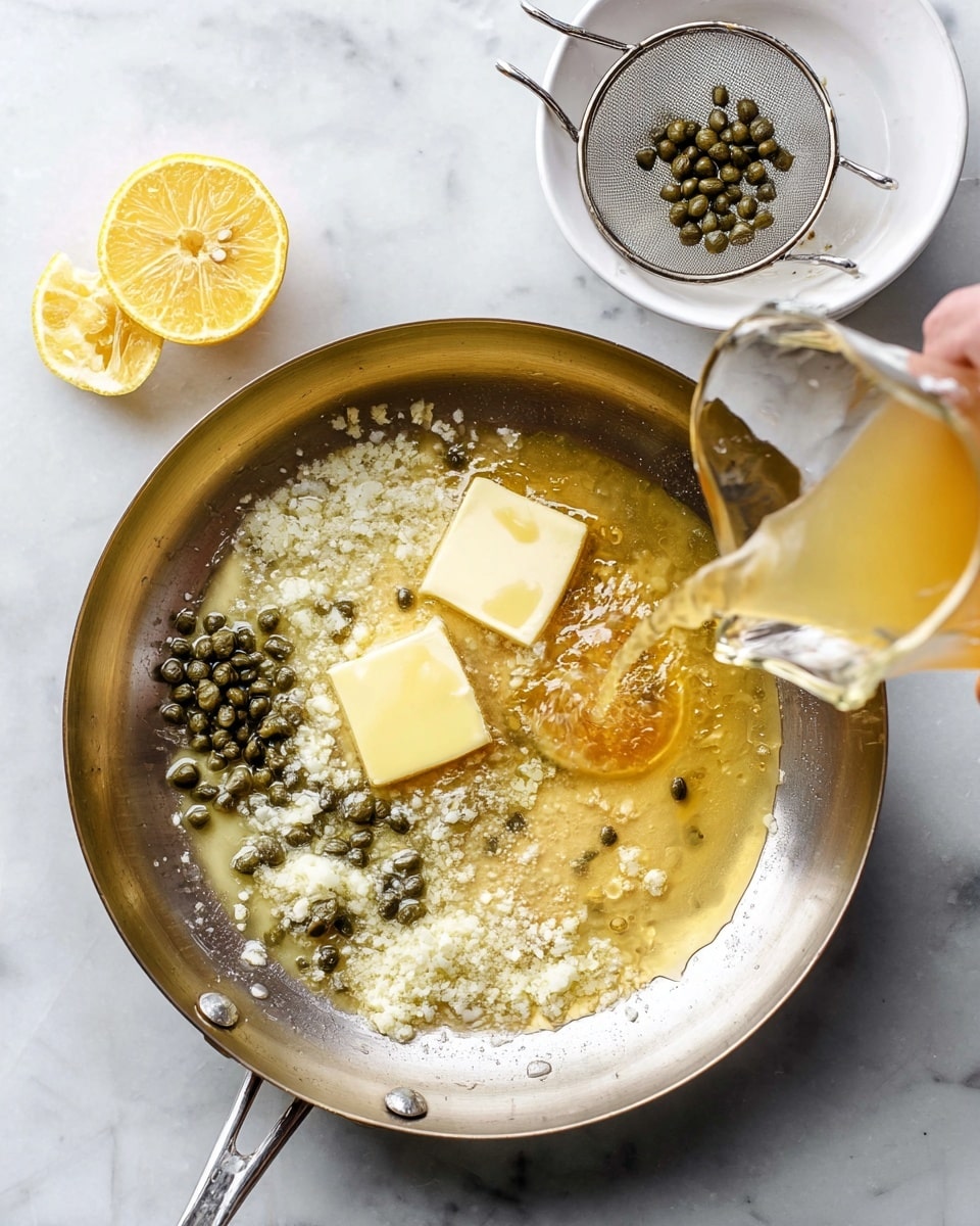 A large silver pan on a white marbled surface holds a sauce with two thick squares of melting pale yellow butter near the left, small green capers scattered near the center, and finely chopped white garlic in a light golden liquid base. A clear glass jug is pouring more light golden liquid into the sauce on the right side. Above the pan, a small white plate holds more capers, and below on the left side is half a lemon on a metallic juicer. A woman's hand is half visible holding the jug, pouring the liquid. photo taken with an iphone --ar 4:5 --v 7