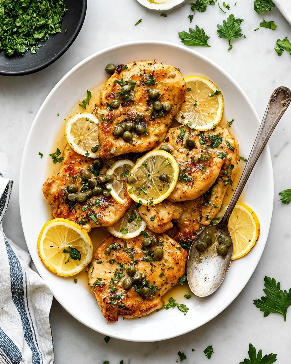 A white plate holds five cooked chicken pieces arranged in a slightly overlapping way. The chicken is golden brown with a slight crisp texture and is topped with small green capers and chopped parsley, adding texture and color. Between the chicken pieces are thin lemon slices, their pale yellow color brightening the dish. A light sauce pools slightly on the plate, adding shine and moisture, with a spoon resting on the right side, partially over the chicken. The scene is set on a white marbled surface with a few scattered parsley leaves around the plate and a black bowl with chopped green herbs in the top left corner. Photo taken with an iphone --ar 4:5 --v 7