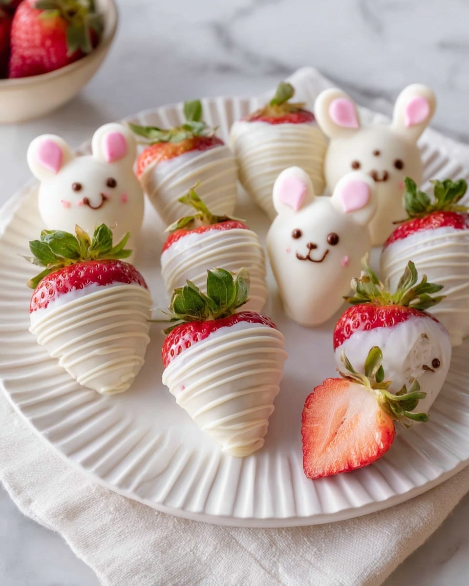 A white ridged plate holds nine fresh strawberries dipped in white chocolate. Five strawberries are decorated with small white chocolate ears, pink inner ears, and small chocolate eyes, noses, and mouths to look like little bunny faces. Three strawberries are fully coated in white chocolate with a drizzle pattern on top, showing bright red strawberry tops and green leaves. One strawberry is dipped in white chocolate but cut in half to show the juicy red inside. The plate rests on a soft white cloth, set on a white marbled surface. Photo taken with an iphone --ar 4:5 --v 7