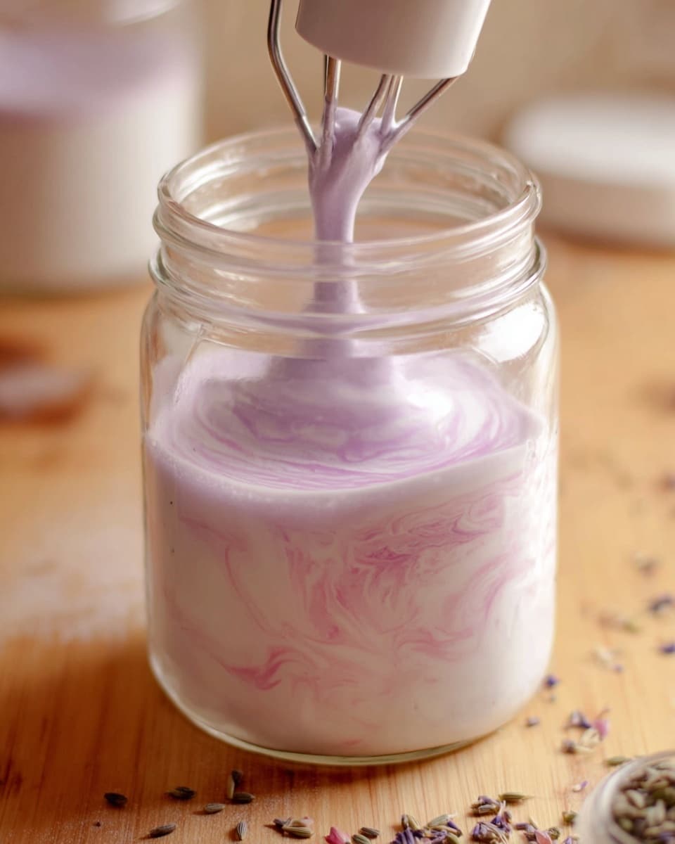 A close-up view of a clear glass jar filled about halfway with a light purple foam mixture showing white and pink swirls inside. A white handheld mixer is partly plunged into the jar from the top, with its metal whisk visibly spinning in the foam. The jar sits on a wooden surface with scattered small seeds nearby. The background has a soft, warm tone with a glimpse of another glass jar out of focus. photo taken with an iphone --ar 4:5 --v 7