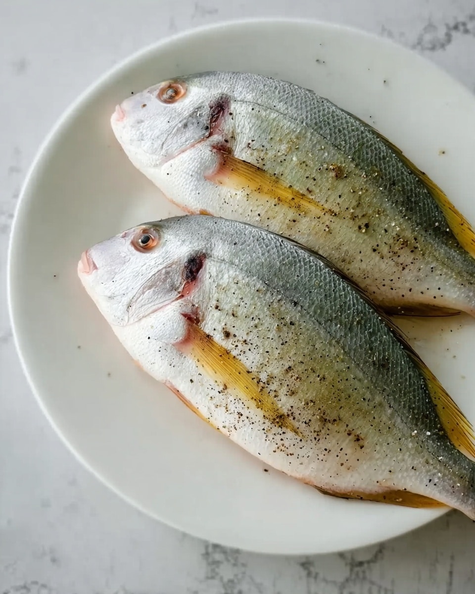 A whole cooked fish with silver-gray skin lies in a white scalloped dish filled with light orange sauce that has small pieces of onions and red chili peppers scattered on top and around the fish. A wooden ladle holds some of the sauce above the fish, showing its smooth and slightly thick texture. In the background, part of a white bowl with rice and another white bowl with red sauce are visible on a white marbled surface. A woman's hand holds the ladle, and a red-and-white striped cloth is placed nearby photo taken with an iphone --ar 4:5 --v 7