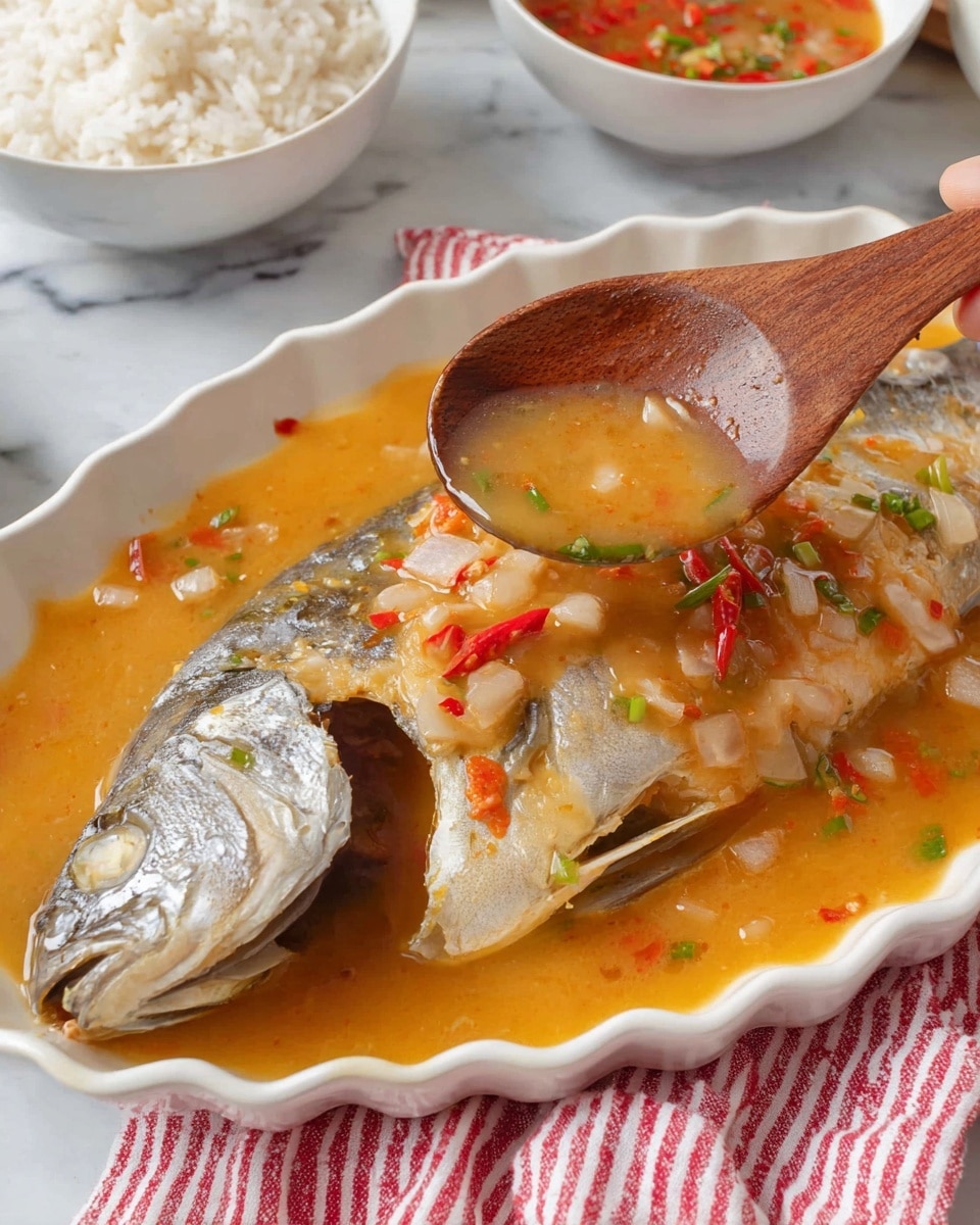 The image shows two whole steamed fish placed side by side in a white scalloped oval dish. Each fish has silver-grey skin with a yellow tint on the tail fins, and they are covered with a thick sauce made of orange-red diced tomatoes, chopped white onions, and small bits of garlic, all mixed in a glossy light brown liquid. The dish is set on a white marbled surface, beside a wooden bowl with a wooden spoon to the right and a white bowl of dark dipping sauce with red chili pieces above. To the left, part of a white mound of fluffy rice on a white plate is visible, with a red-striped cloth nearby. Photo taken with an iphone --ar 4:5 --v 7