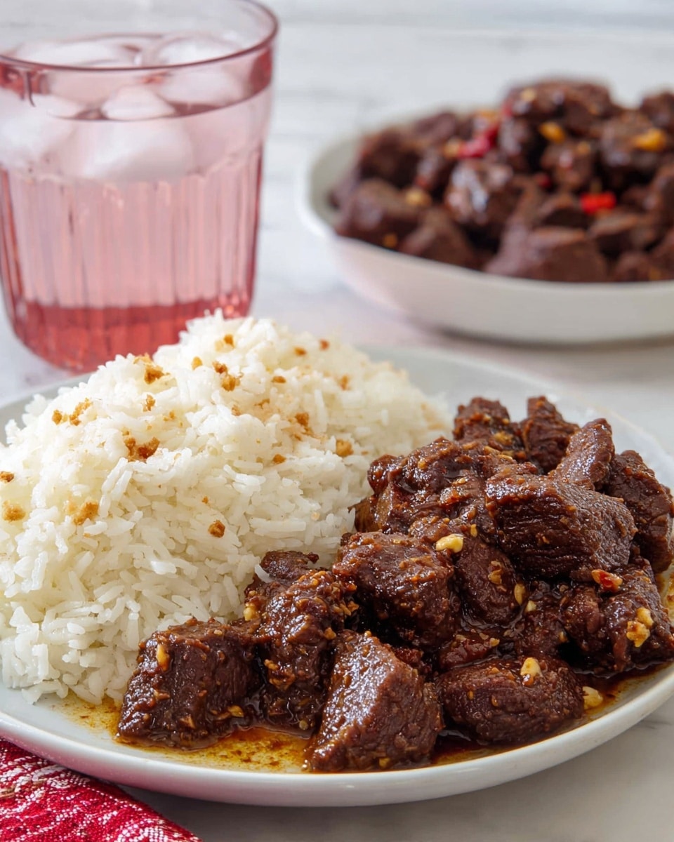 A white plate filled with many small pieces of dark brown cooked beef covered in a thick, shiny sauce, with tiny bits of golden fried garlic sprinkled on top. The beef pieces have a rough texture and are close together, almost filling the plate. In the background, there is a partial view of another white plate with white rice and a metal fork. To the side, there is a clear purple-tinted glass filled with ice and water. The setting is on a surface with white marbled texture, and a white and red striped cloth can be seen partially at the bottom left. photo taken with an iphone --ar 4:5 --v 7