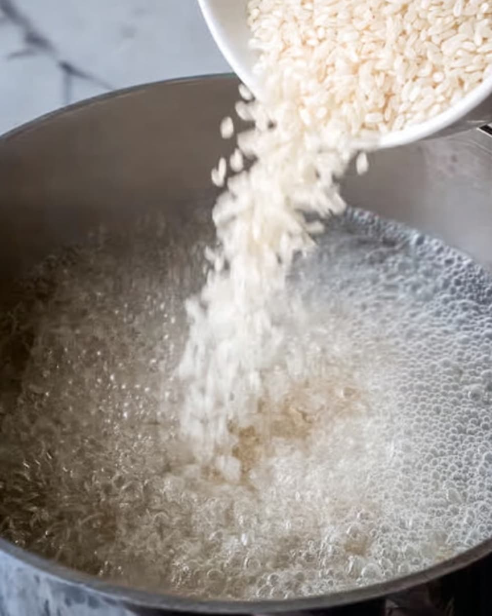 The image shows white rice grains being poured from a white bowl into a large pot of boiling water. The pot has a metallic shine and the water inside is bubbling with small steam rising, indicating it is hot. The white marbled surface is just barely visible around the pot. The rice grains are falling in an arched flow into the water below, creating a dynamic sense of movement. photo taken with an iphone --ar 4:5 --v 7
