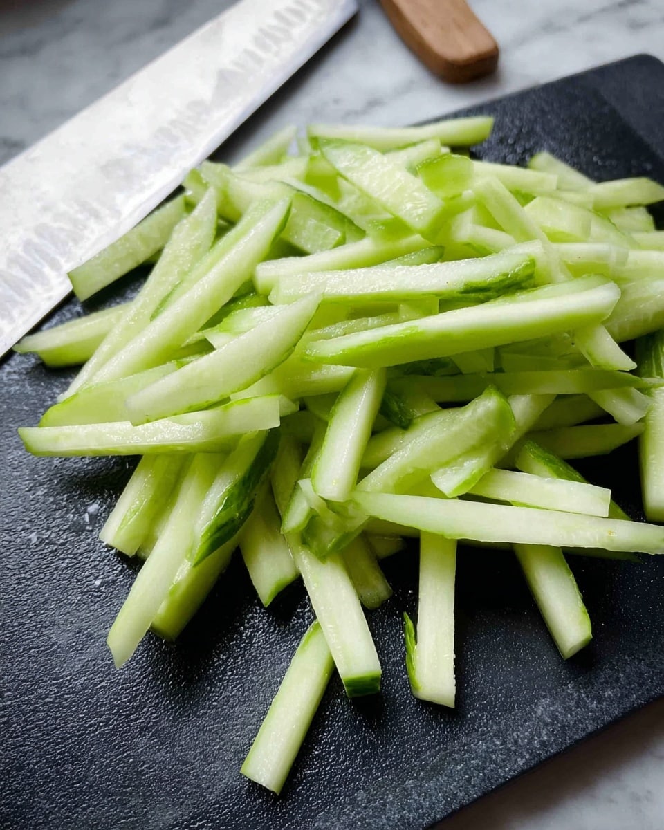 A pile of thinly sliced green cucumber sticks lies in the middle of a dark cutting board with a rough texture. The cucumber pieces are light green with a crisp texture, showing some moisture and fresh shine. A large silver knife rests on the top left corner of the cutting board, reflecting light softly. In the background, there is a wooden surface adjacent to the board, all set against a white marbled texture. photo taken with an iphone --ar 4:5 --v 7