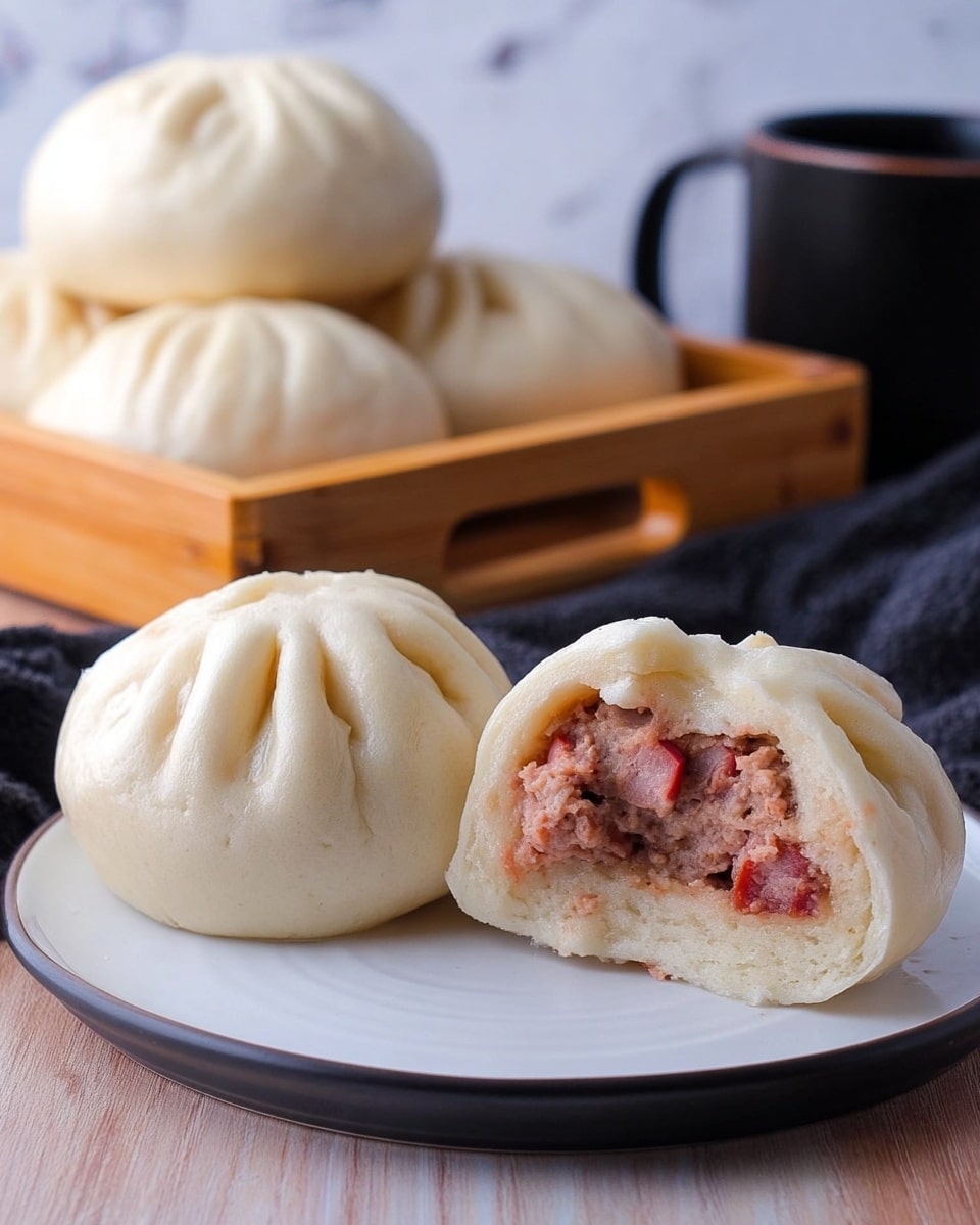 The image shows three steamed buns on a black plate placed on a bamboo mat on a white marbled surface. Each bun has a soft, pale dough texture with small folds and pleats forming a round shape with a slightly shiny surface. In the background, out of focus, there are more similar steamed buns on a white plate sitting on the same white marbled surface. The buns look plump and smooth with gentle wrinkling on top. photo taken with an iphone --ar 4:5 --v 7