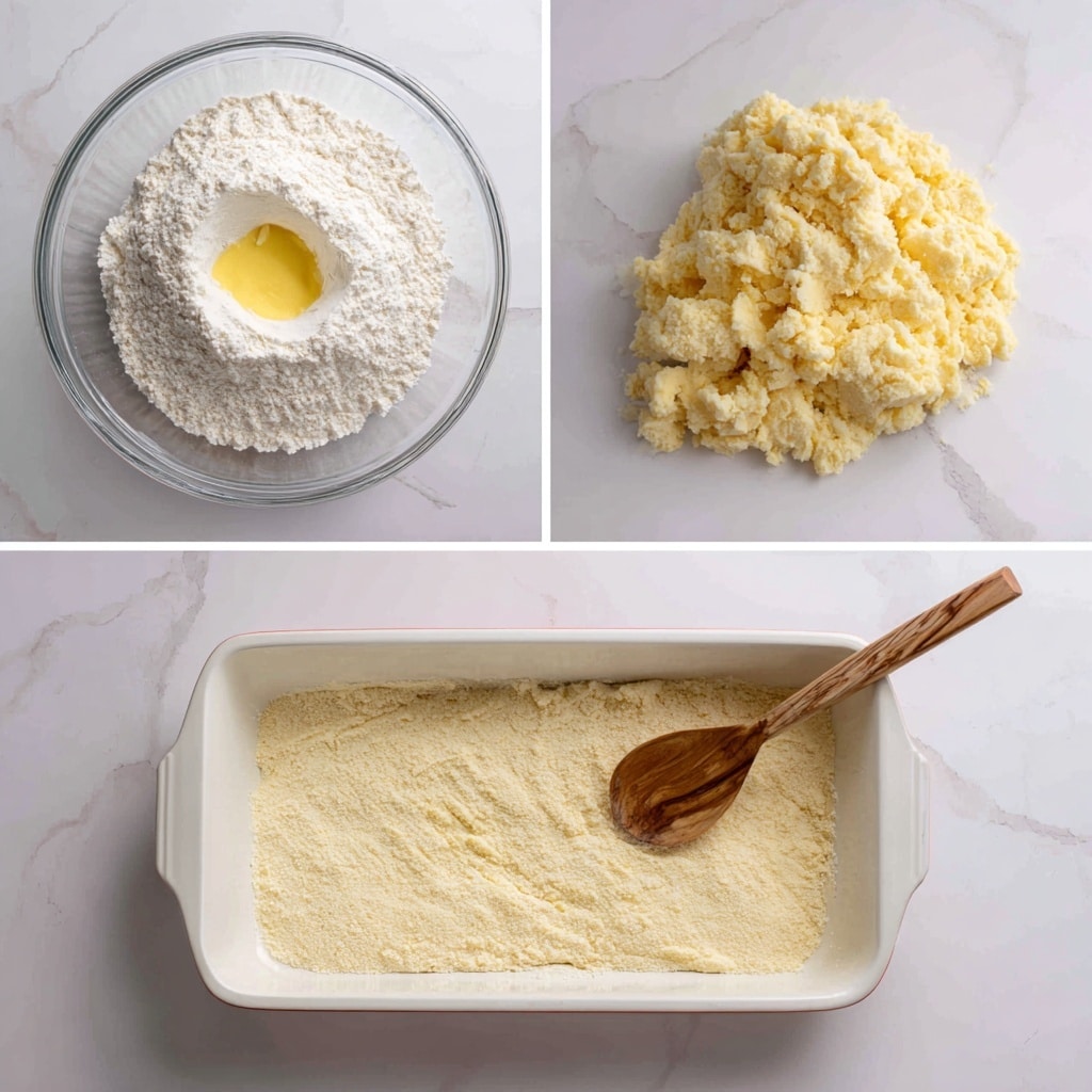 The first image shows a clear glass bowl with white flour piled high with a small hole in the middle filled with yellow butter. The second image shows pale yellow crumbly dough clumped together in a white baking tray on a white marbled surface. The third image shows the same dough pressed flat and smooth across the bottom of the white baking tray, with a woman's hand holding a wooden spoon smoothing the surface. Photo taken with an iphone --ar 4:5 --v 7