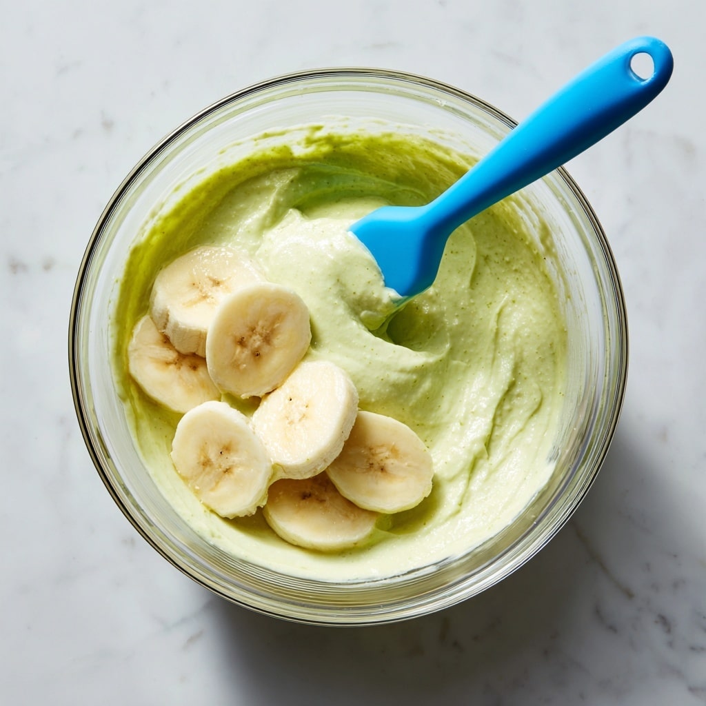 A clear glass bowl holds a thick light green mixture with a smooth, creamy texture. Inside the mixture, several pale yellow banana slices are partially covered. A blue spatula is placed on the right side of the bowl, blending the mixture. A woman's hand gently holds the bowl at the bottom right. The bowl sits on a white marbled surface with soft lighting highlighting the creamy green mixture and banana slices. Photo taken with an iphone --ar 4:5 --v 7