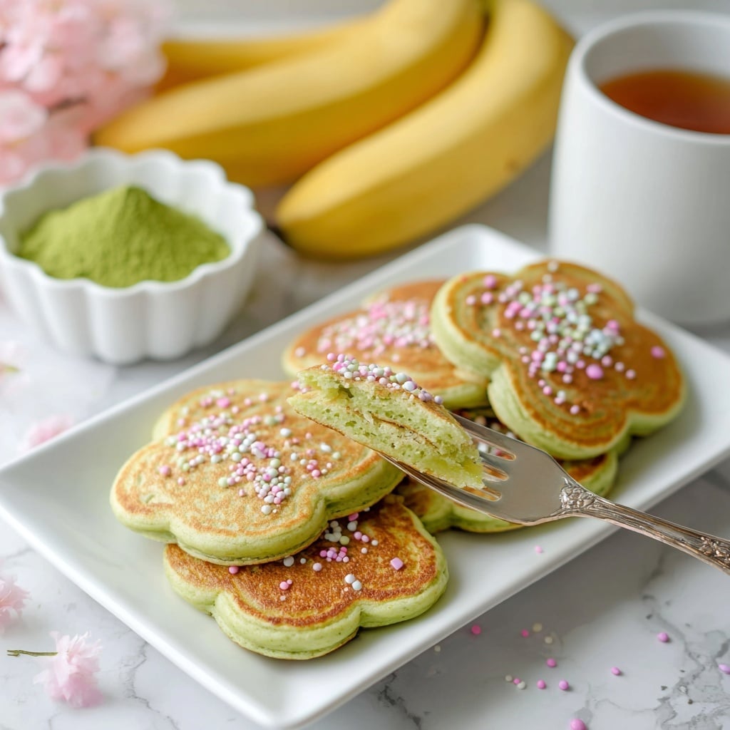 The image shows 10 green pancakes shaped like bears on a white plate, each with a brown cooked surface on top. The green color is bright and textured, hinting at a soft pancake batter. Several pancakes have small chocolate details forming eyes and mouths, while some have light pink icing dots on them. One pancake in the middle is broken in half, revealing a creamy, light yellow inside, possibly melted banana or cheese. The whole plate is lightly covered with syrup, giving a shiny wet look, and a whole banana is partly visible in the background on a white marbled surface. photo taken with an iphone --ar 4:5 --v 7