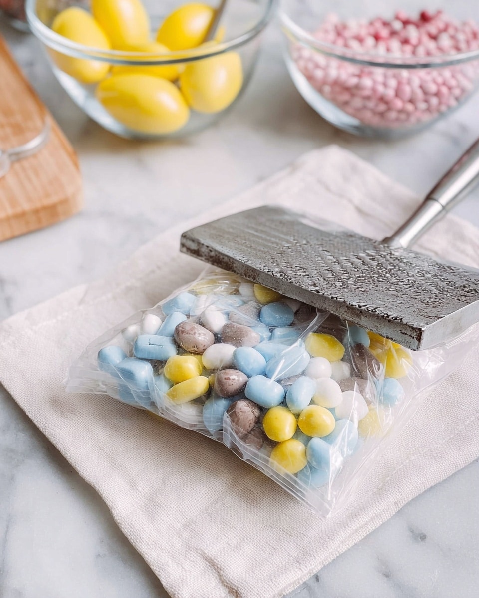The image shows several golden brown cookies placed on a silver cooling rack over a white marbled surface. Each cookie has a rough, chunky texture with small chocolate pieces and colorful candy eggs, including yellow, blue, and pink ones, embedded on the top. One cookie in the center is partially bitten, revealing a soft inside with candy shells. Nearby, more colorful candy eggs are scattered on the white marbled surface. Slightly visible at the bottom edge is a white plate with a gold rim holding a few more cookies, and a metal bowl filled with candy eggs is in the upper right corner. photo taken with an iphone --ar 4:5 --v 7