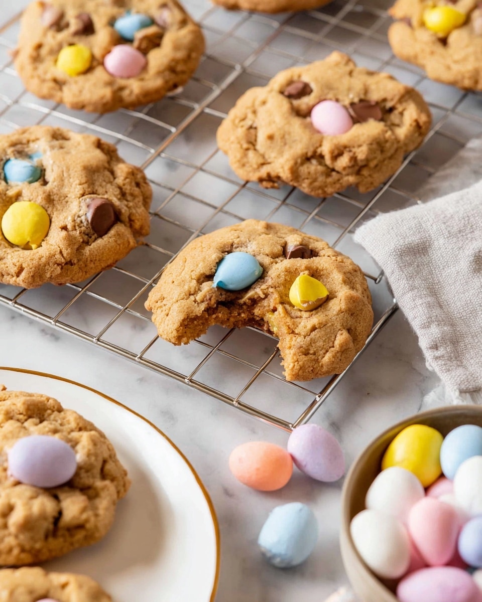 Two light brown cookies sit on a white plate with gold lines radiating from the center. One cookie is decorated with pink heart-shaped ears at the top, pink cheeks, and chocolate eyes and mouth, making a cute face. The other cookie is sprinkled with small pastel candy eggs in yellow, blue, and pink, some slightly broken. Around the plate, there are pastel-colored candy eggs on a soft white cloth on a white marbled surface. A metal cooling rack with more cookies is partially visible in the background. Photo taken with an iphone --ar 4:5 --v 7