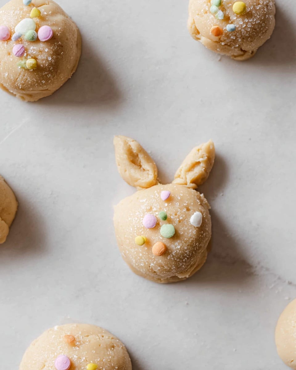 The image shows four soft beige cookies on a silver wire rack over a white marbled surface, two of which are shaped like bunny faces with small rounded ears; the bunny faces have brown eyes and mouth made from small dots of chocolate and pink icing for cheeks and ear tips forming small hearts. One round cookie has small pastel-colored candy sprinkles on top, while another round cookie is decorated with a small edible carrot at the center with green and orange icing. One cookie is split in half, revealing a soft inside with a light brown color. There is a clear glass bowl with white sugar visible in the right corner and a white textured cloth under the wire rack, photo taken with an iphone --ar 4:5 --v 7