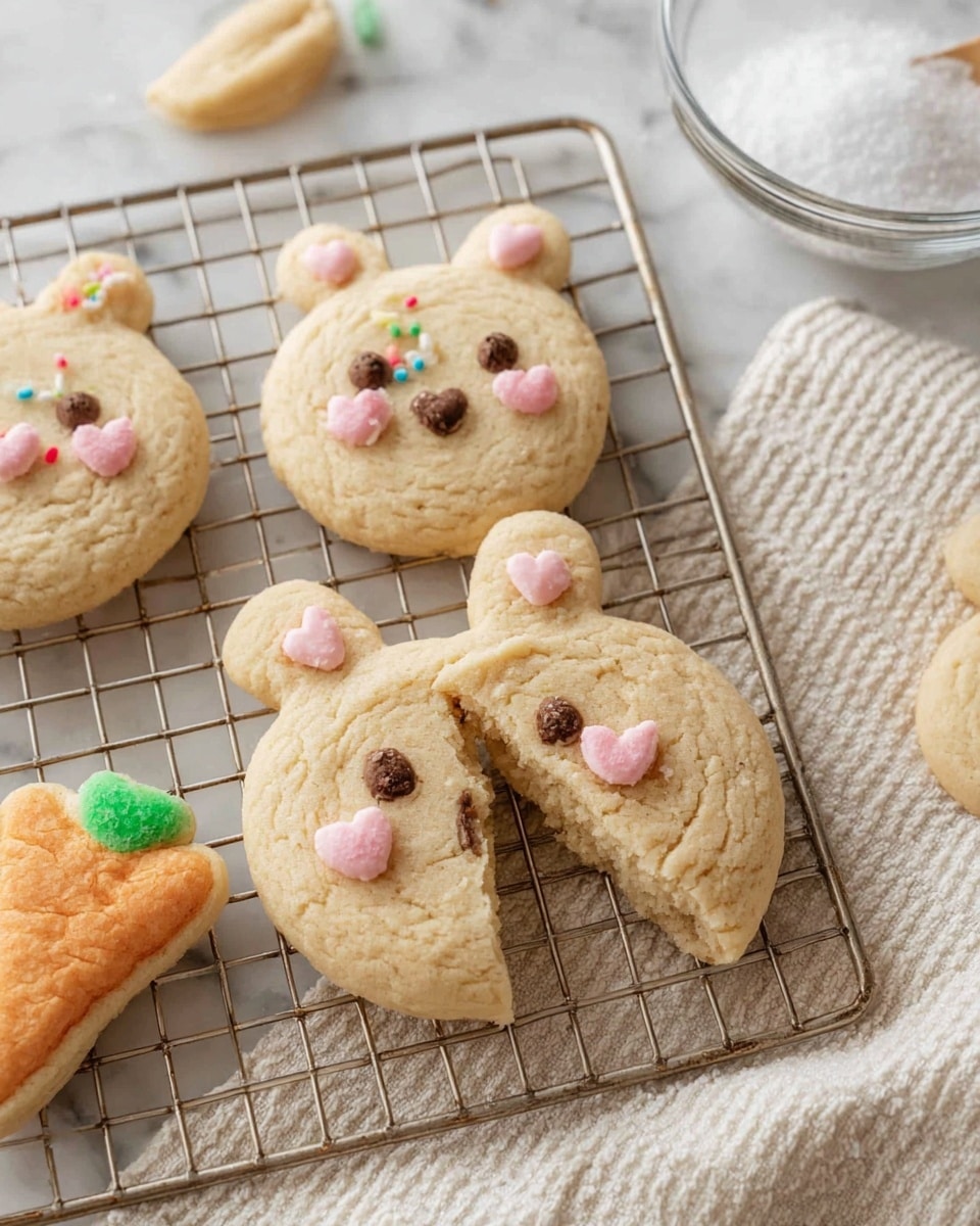 There are soft, round light brown cookies with a slightly crackled texture, some topped with pastel-colored small round sprinkles that add a pop of yellow, orange, pink, green, and white. Among the cookies, two are shaped like bunny faces with small pink icing ears, pink cheeks, and dark chocolate eyes and nose, placed on a white plate with fine ridges. Also on the plate is a small candy decoration shaped like a carrot in orange and green. Additional cookies, including another bunny face and sprinkle-topped round cookies, are placed on a white marbled surface next to a clear bowl of white milk. The scene is bright and cozy, showing a wire cooling rack beneath some cookies. photo taken with an iphone --ar 4:5 --v 7