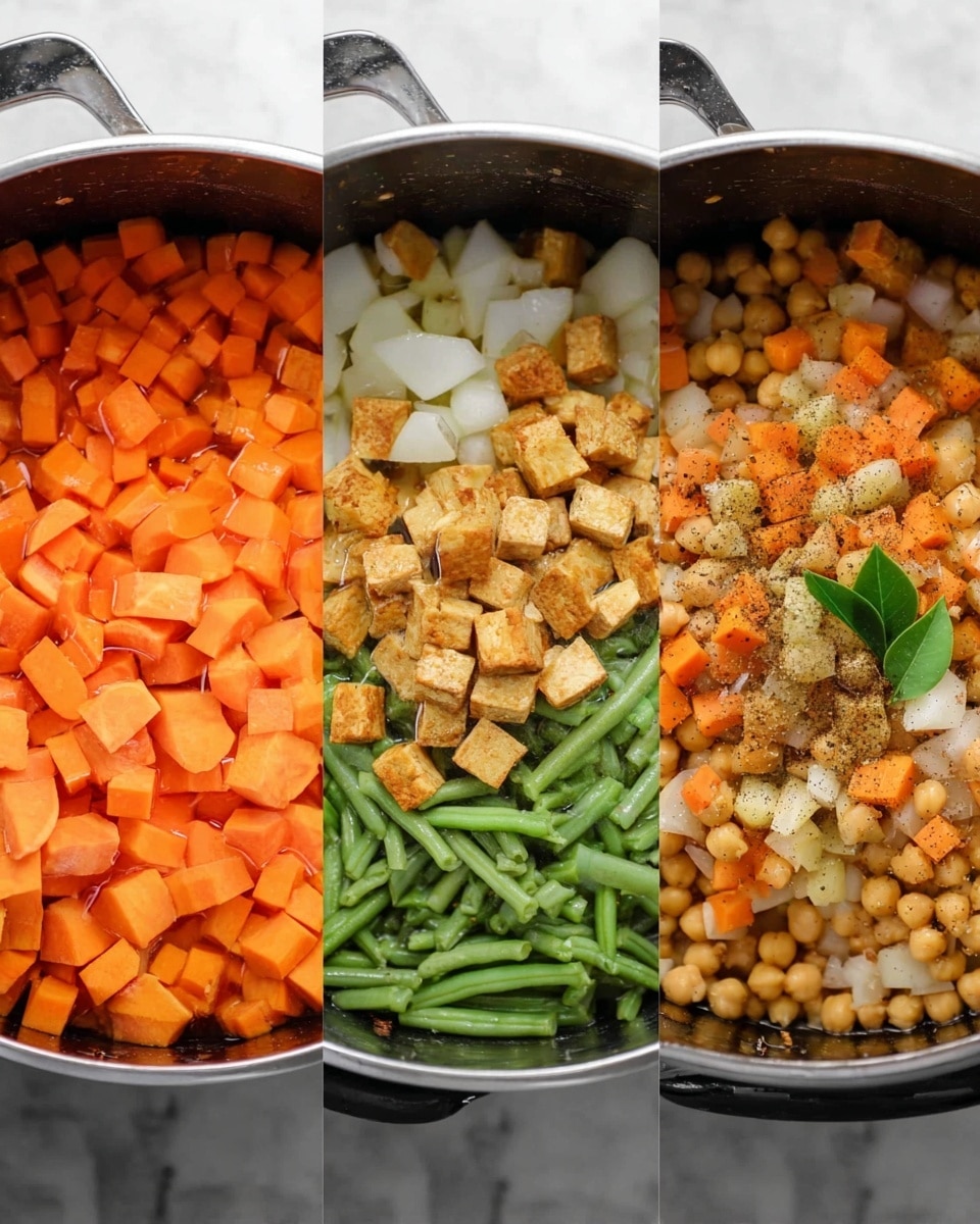 A large white bowl filled with a colorful mix of cubed vegetables and chickpeas, featuring bright orange cubes, pale yellow cubes, golden-brown cubes with a slightly crispy texture, and scattered green beans cut into small pieces on top. To the upper left of the bowl, there is a small white pitcher filled with dark sauce and next to it a small blue bowl containing shredded white cheese. To the right, a white bowl with blue patterns holds a pile of crushed nuts. The table surface is a white marbled texture, with a blue and white checkered cloth partially visible at the bottom left corner, and a white plate with a fork and spoon in the bottom right corner. photo taken with an iphone --ar 4:5 --v 7