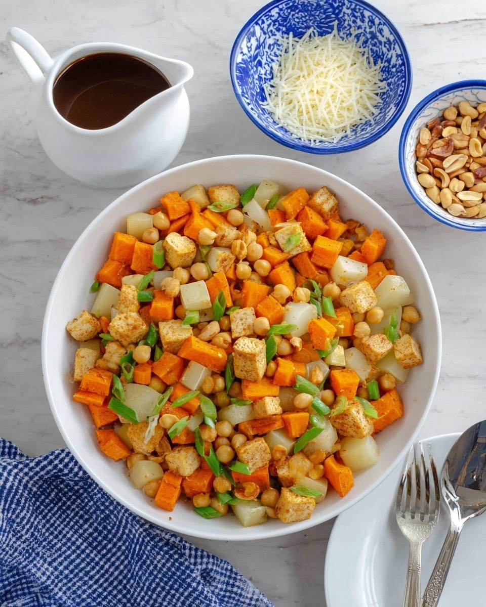 A white bowl holds a colorful mix of diced orange sweet potatoes, light beige potatoes, golden chickpeas, and small cubes of golden tofu, all mixed evenly with slices of bright green scallions scattered throughout. On the white marbled surface near the bowl, there is a small white jug filled with a dark brown sauce, a blue bowl containing white shredded cheese, and a white bowl patterned with blue designs filled with crushed light brown nuts. A blue and white checkered cloth is partially visible at the lower left corner, and a white plate with a fork and spoon rests at the lower right corner. photo taken with an iphone --ar 4:5 --v 7