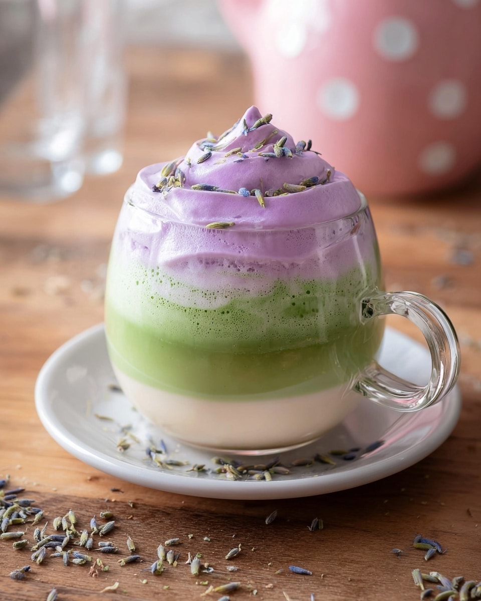 A clear ribbed glass filled with lavender-colored creamy dessert, topped with small dried lavender pieces scattered on the surface. The glass is placed on a wooden table with some dried lavender scattered around and a metal jar lid in the background. Also visible are two blurred jars with light-colored contents in the back, photographed closely against a white marbled textured surface. photo taken with an iphone --ar 4:5 --v 7
