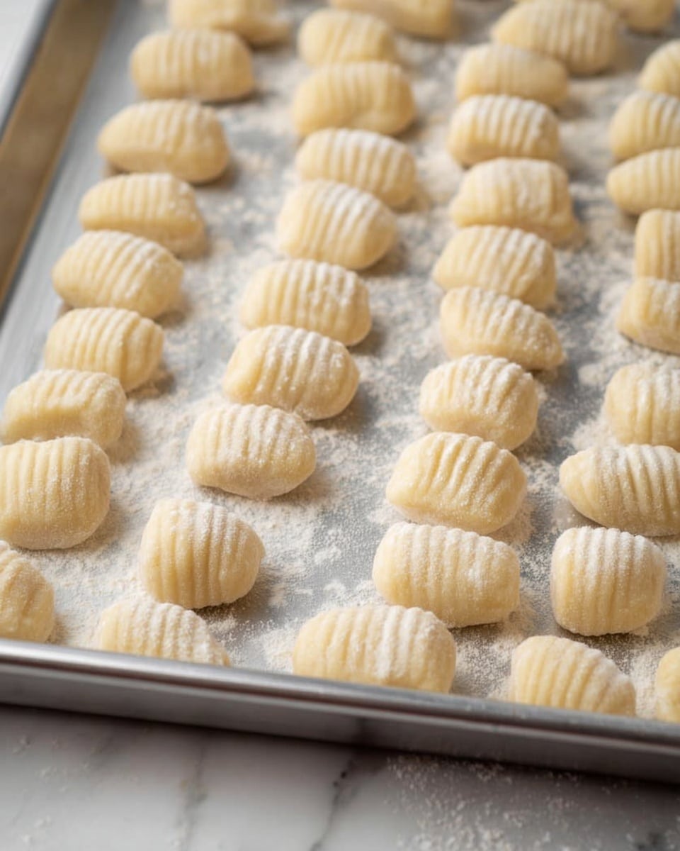 Small pieces of uncooked gnocchi dough are placed in rows on a silver baking tray. Each piece is pale cream in color with soft ridged textures created by rolling over the dough. Some pieces have a light dusting of flour that adds a powdery white touch to the smooth dough surface. The tray sits on a white marbled surface, providing a clean and bright background. photo taken with an iphone --ar 4:5 --v 7
