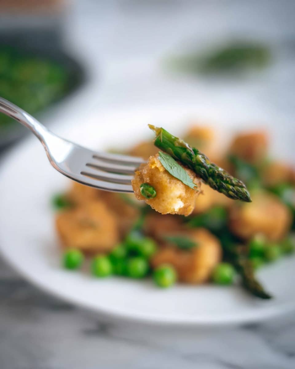 The dish shows a white bowl filled with golden brown gnocchi pieces that have a slightly crispy texture, mixed with bright green asparagus stalks cut into parts and small green peas spread throughout. Fresh green herbs are sprinkled on top, adding a touch of color and freshness. The bowl is placed on a white marbled surface with a blurred background showing a lemon half, some herbs, and a piece of cheese. The lighting is soft and natural, making the colors of the ingredients stand out nicely. photo taken with an iphone --ar 4:5 --v 7